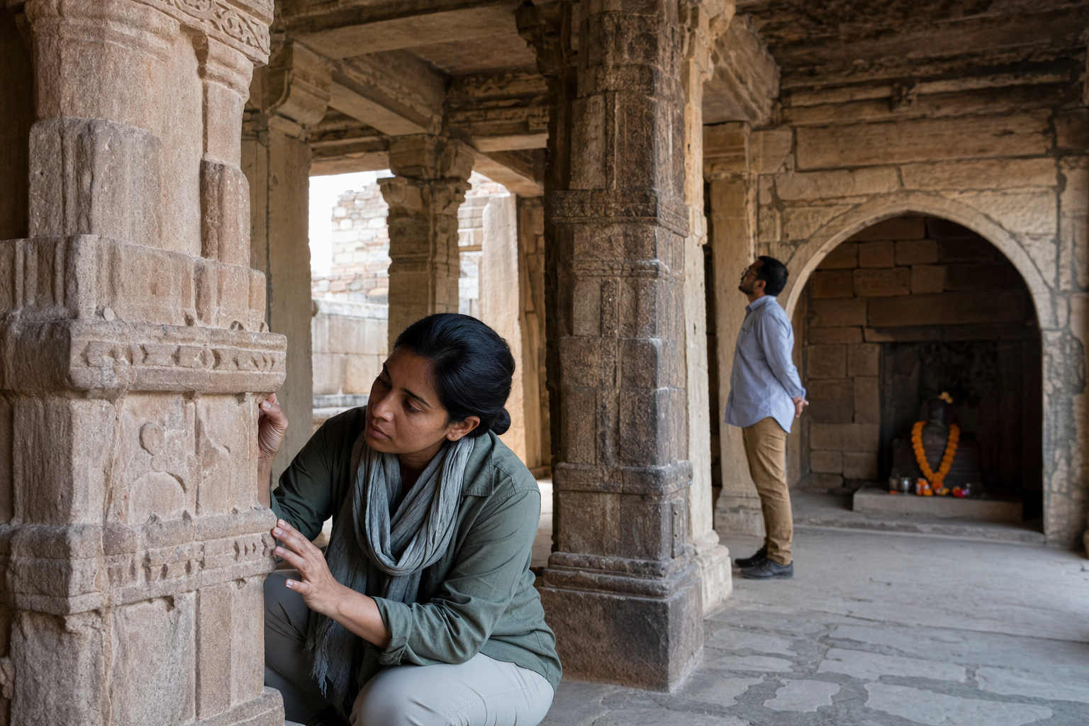 An archaeologist examines a carved pillar while a conservation architect studies later masonry and a devotional offering rests in the background.