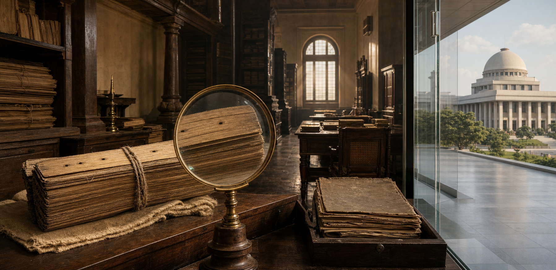 A palm-leaf manuscript and colonial-era court files appear on one side of a glass partition, with a modern Indian courthouse visible beyond it.