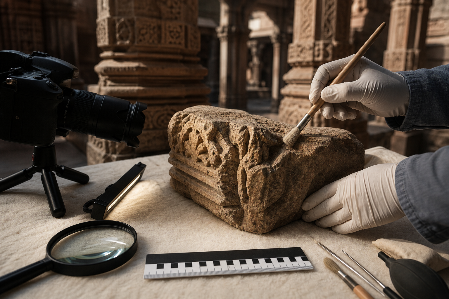Gloved hands examine a weathered carved stone fragment with conservation tools inside a pillared historic structure.
