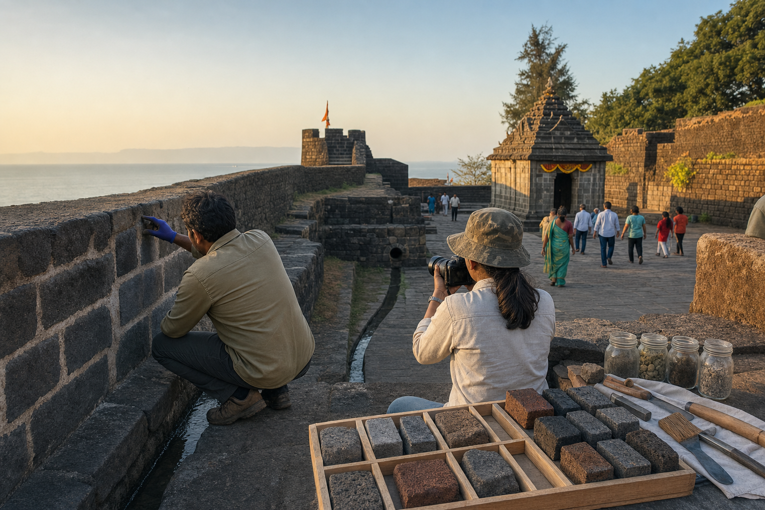Two heritage professionals inspect repaired masonry and drainage while visitors walk through a maintained historic complex.