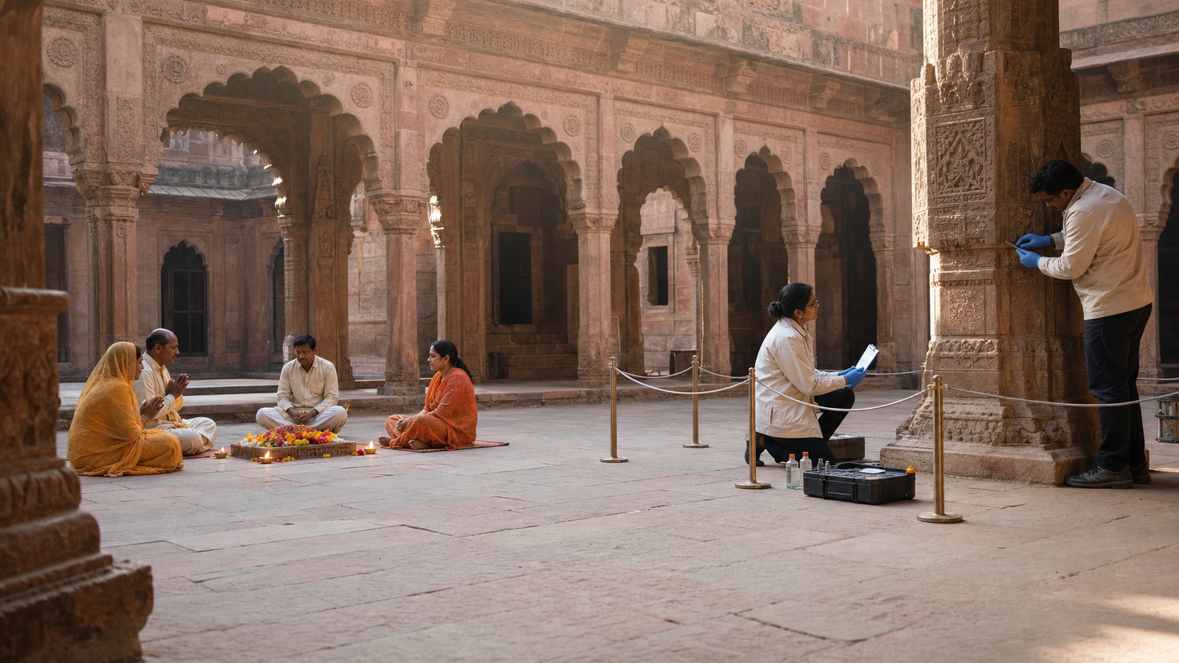 Hindu devotees worship quietly in a stone courtyard while conservators inspect nearby pillars and protect the historic fabric.