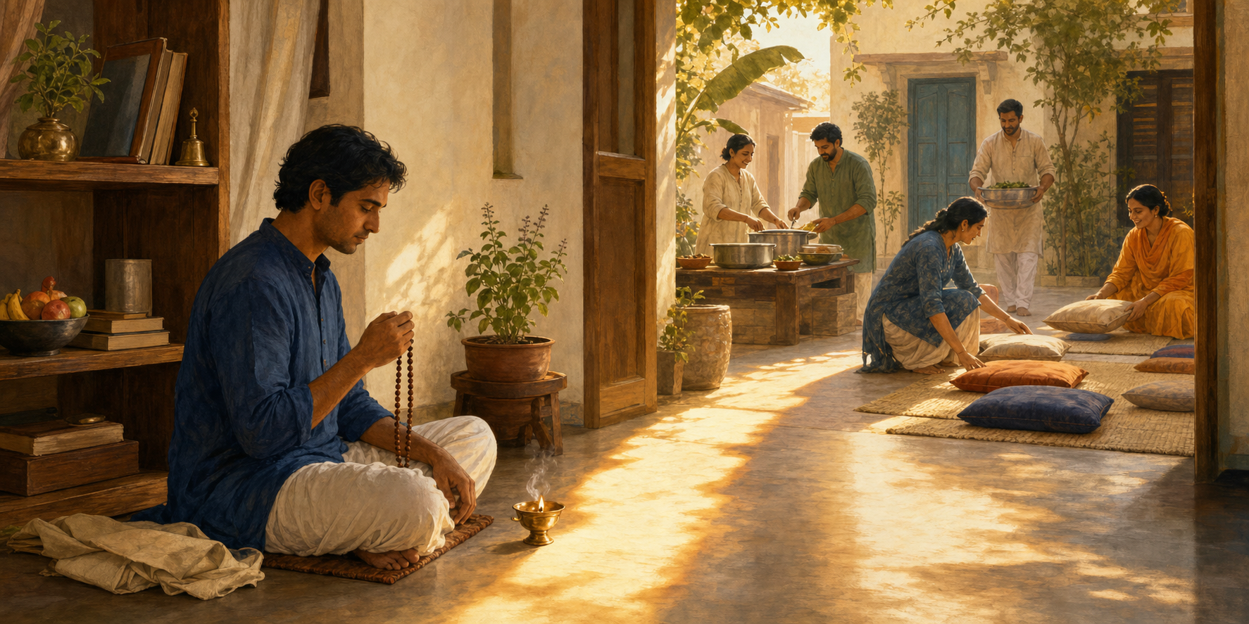 A devotee chants with prayer beads beside a lamp while neighbors prepare food and cushions together in a sunlit courtyard.