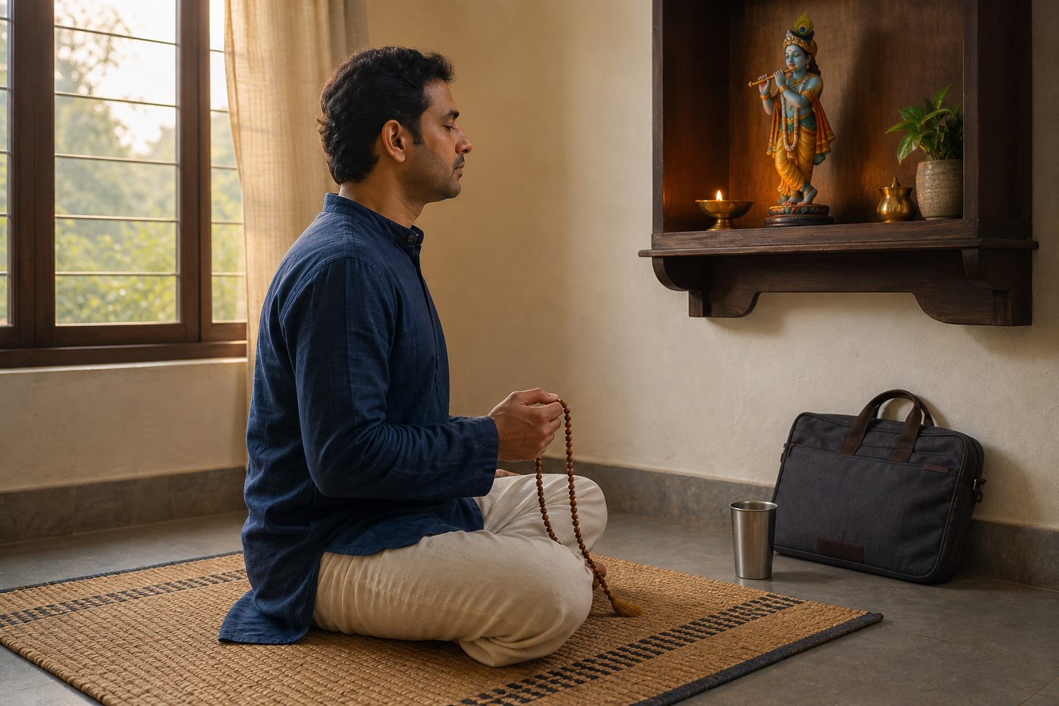 A devotee chants with wooden prayer beads at a simple home shrine before beginning the day.
