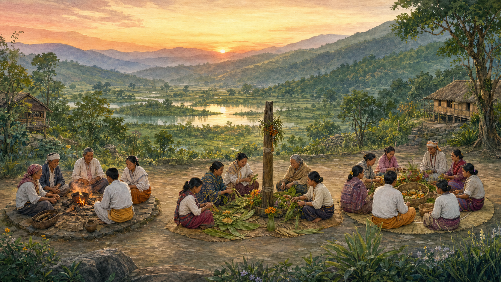 Illustration of several multigenerational communities gathering in separate but connected circles in a Manipuri valley-and-hills landscape.