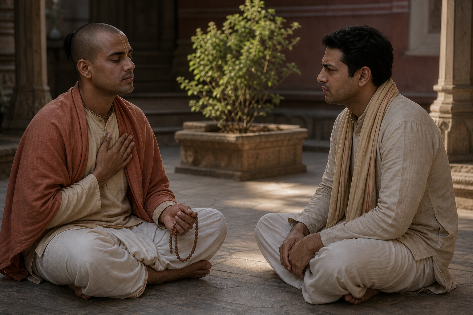 Two devotees sit in a courtyard during a tense conversation while one pauses with prayer beads and a hand over the heart.
