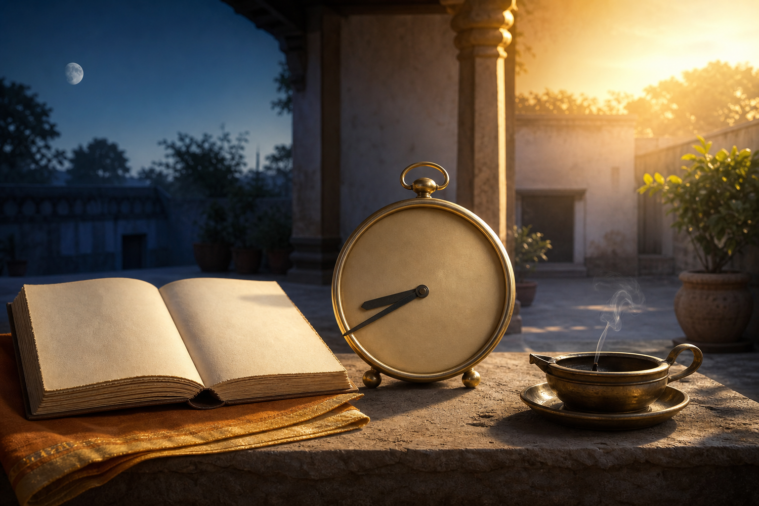 Brass analog clock showing 8:39 beside an open almanac and smoking oil lamp in a moonlit Indian courtyard at sunrise