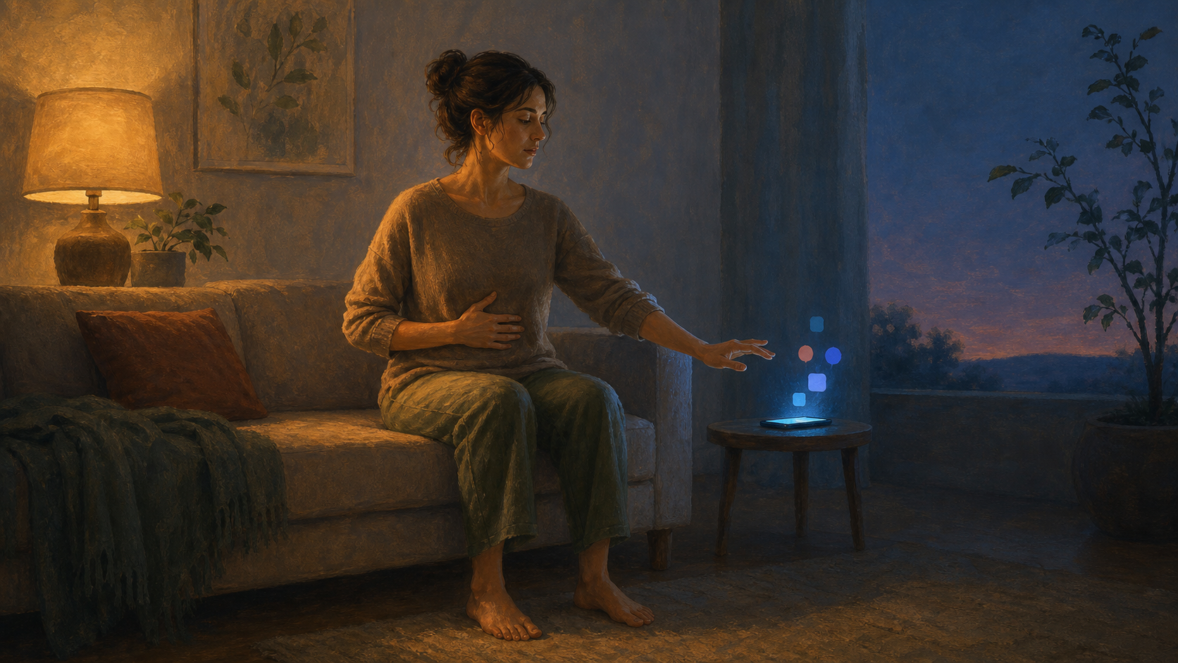 A seated adult pauses with one hand on their ribs before reaching for a glowing phone in a softly lit room.