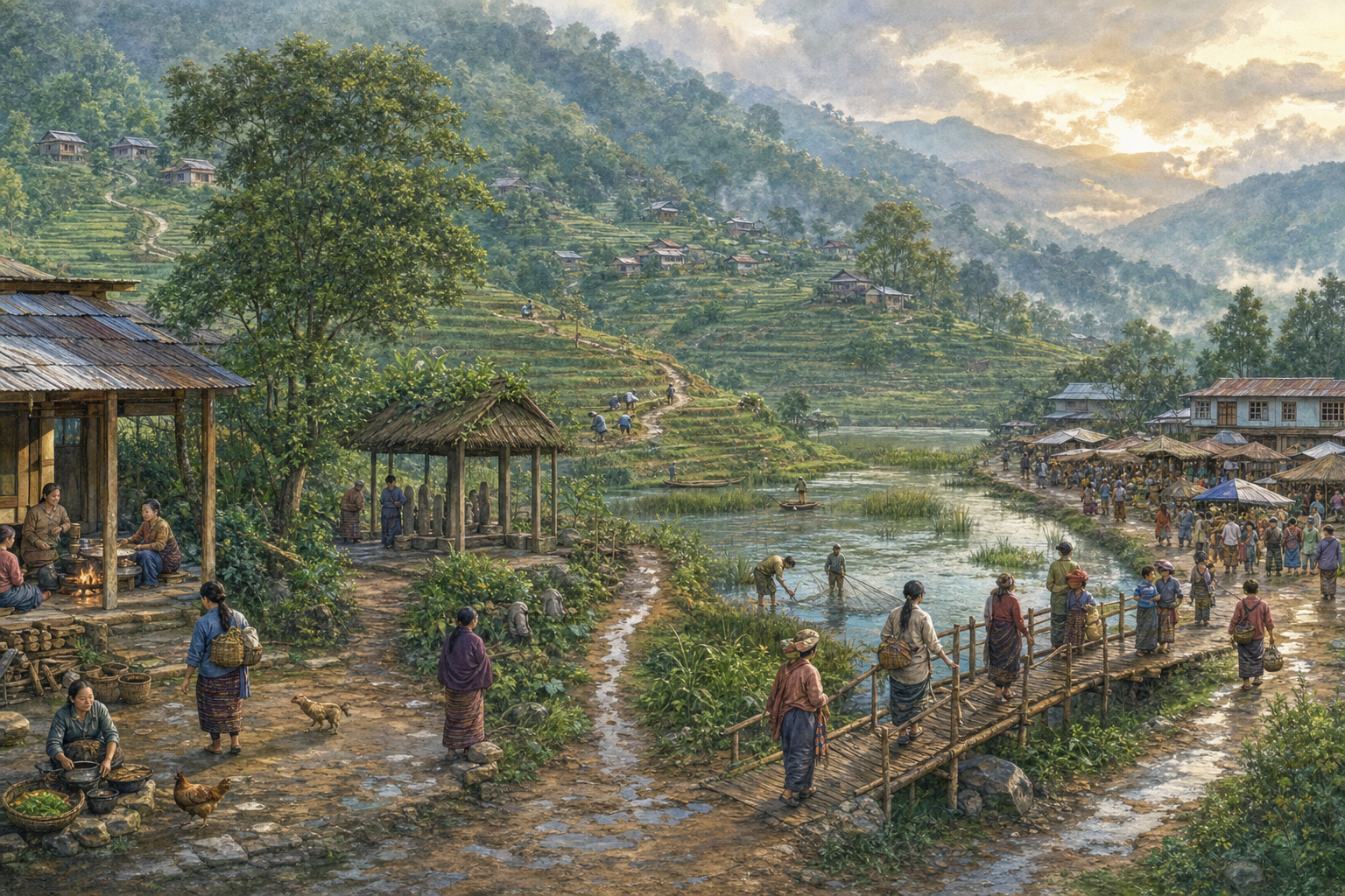 Illustrated view of valley and hill settlements in Manipur linked by paths, a bridge, farmland, wetland, and a shared market.