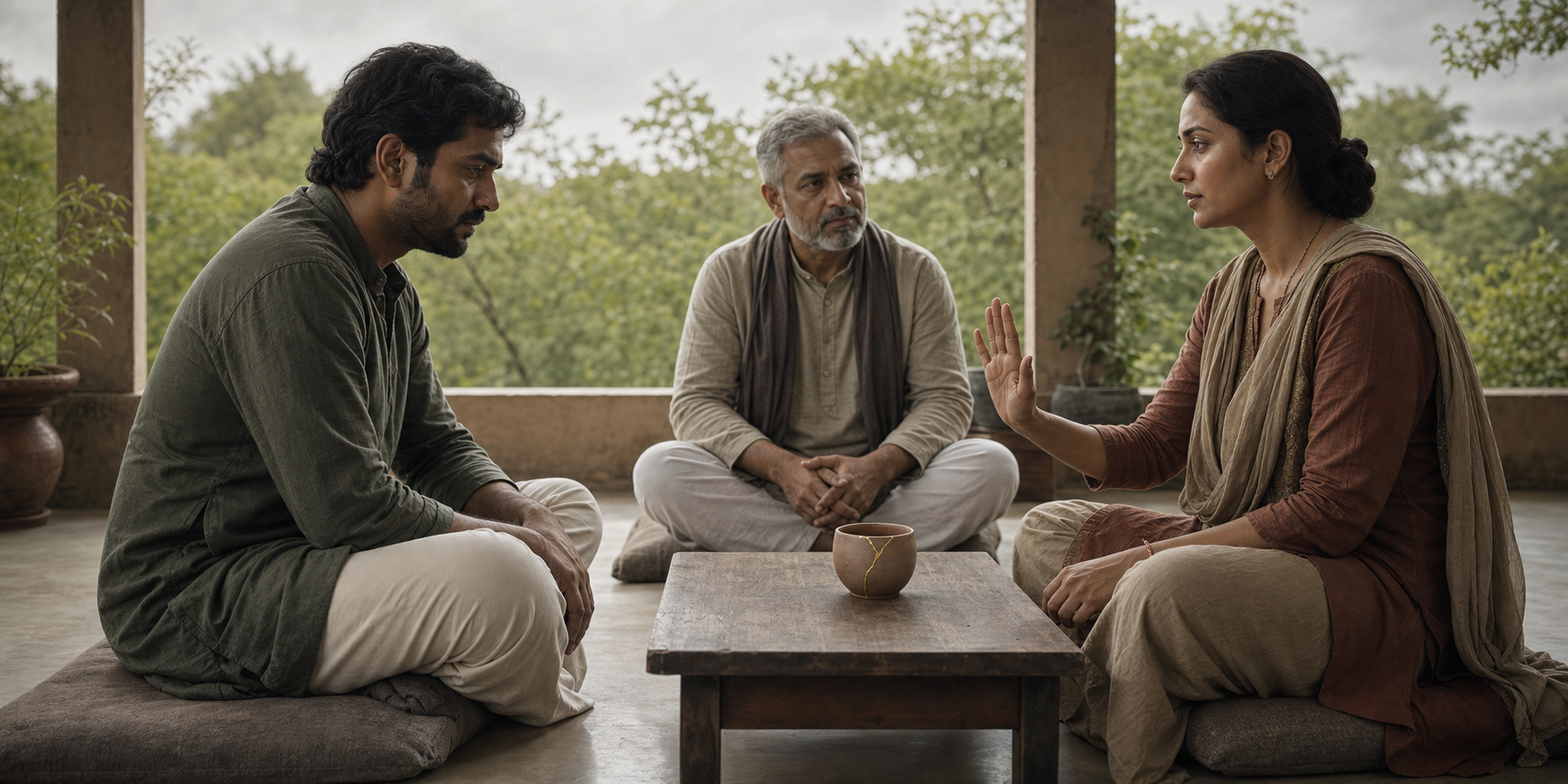 Two devotees discuss harm and accountability with a trusted elder present, beside a repaired clay cup on a low table.