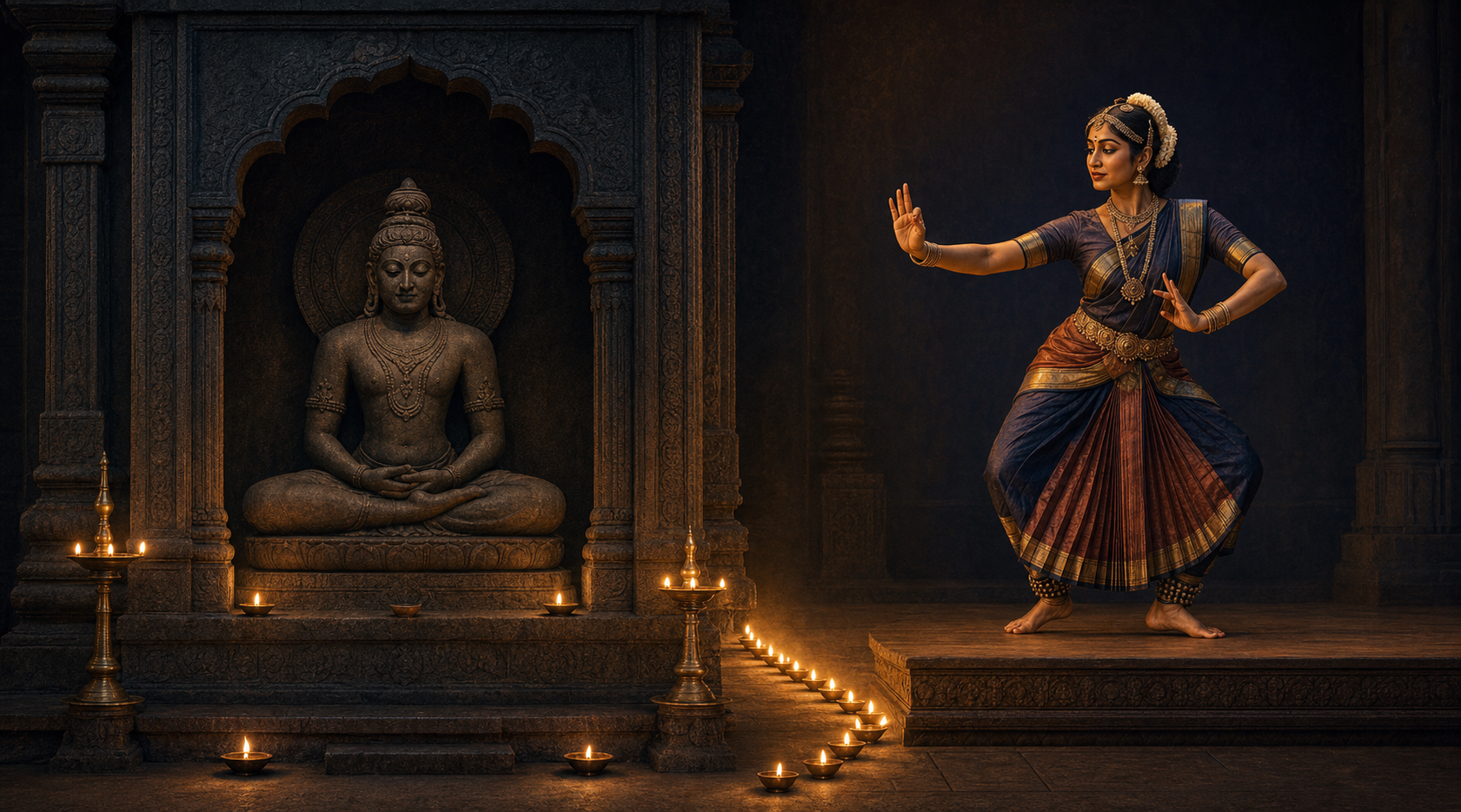 A stone sacred figure in a temple niche is paired with an Indian classical performer holding an expressive gesture under warm lamp light.