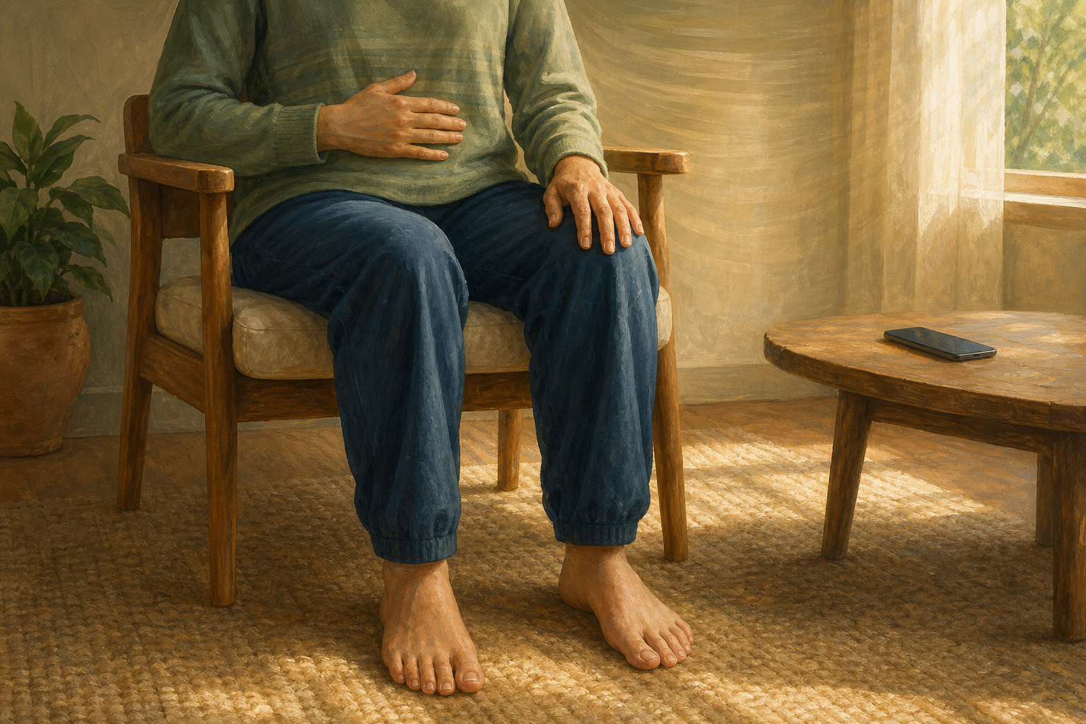 A seated person grounds both feet on a woven rug while resting a hand on the abdomen beside a face-down phone.