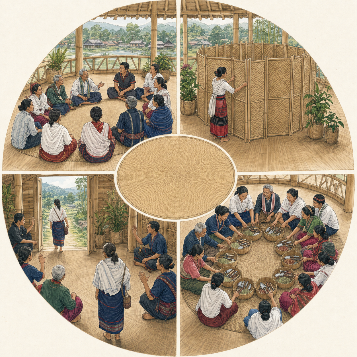 Four scenes around a bamboo meeting pavilion show community representation, protected sacred knowledge, freedom to leave, and shared resources.