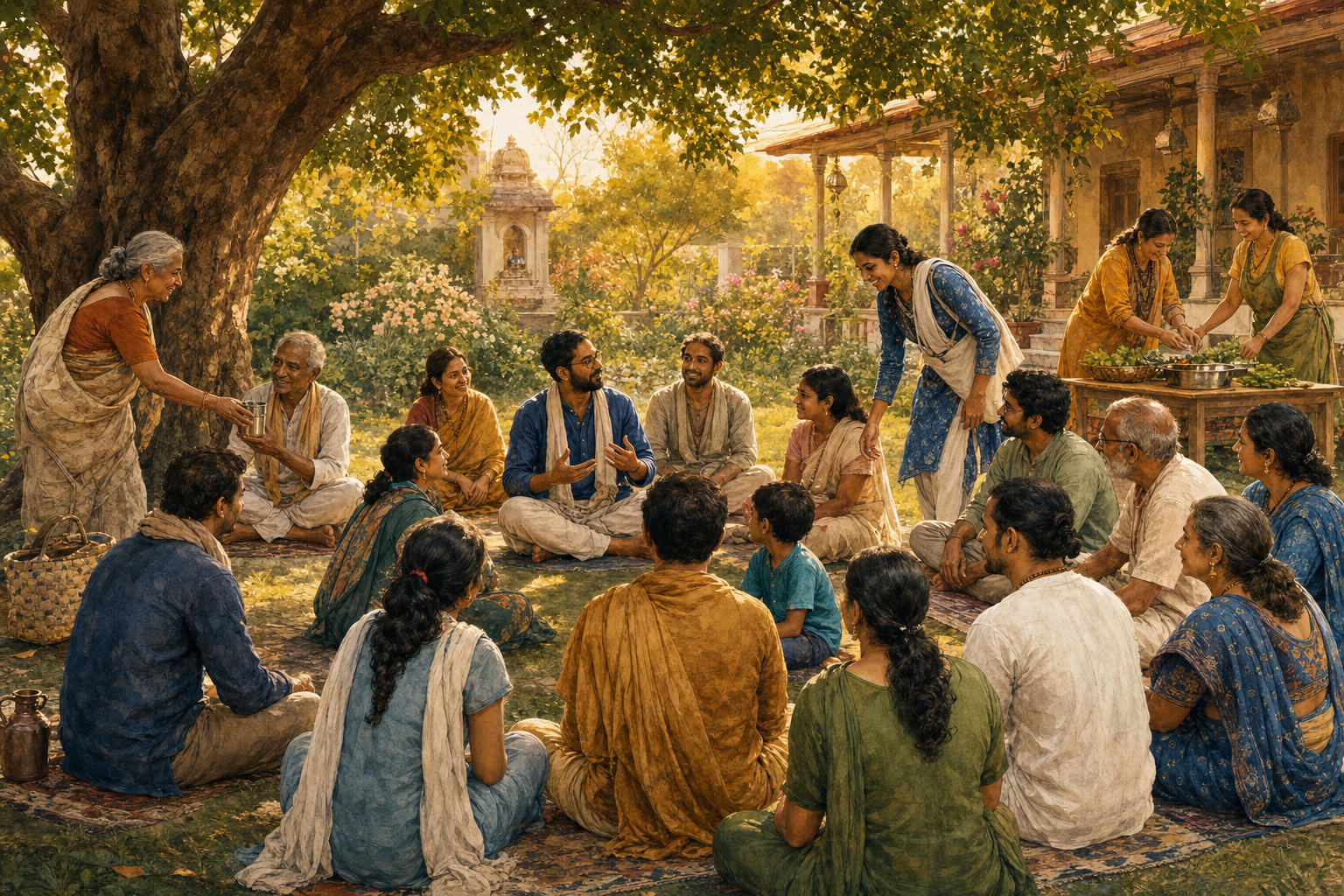 A multigenerational group of devotees listens, serves water, welcomes a newcomer, and prepares a meal in a garden circle.