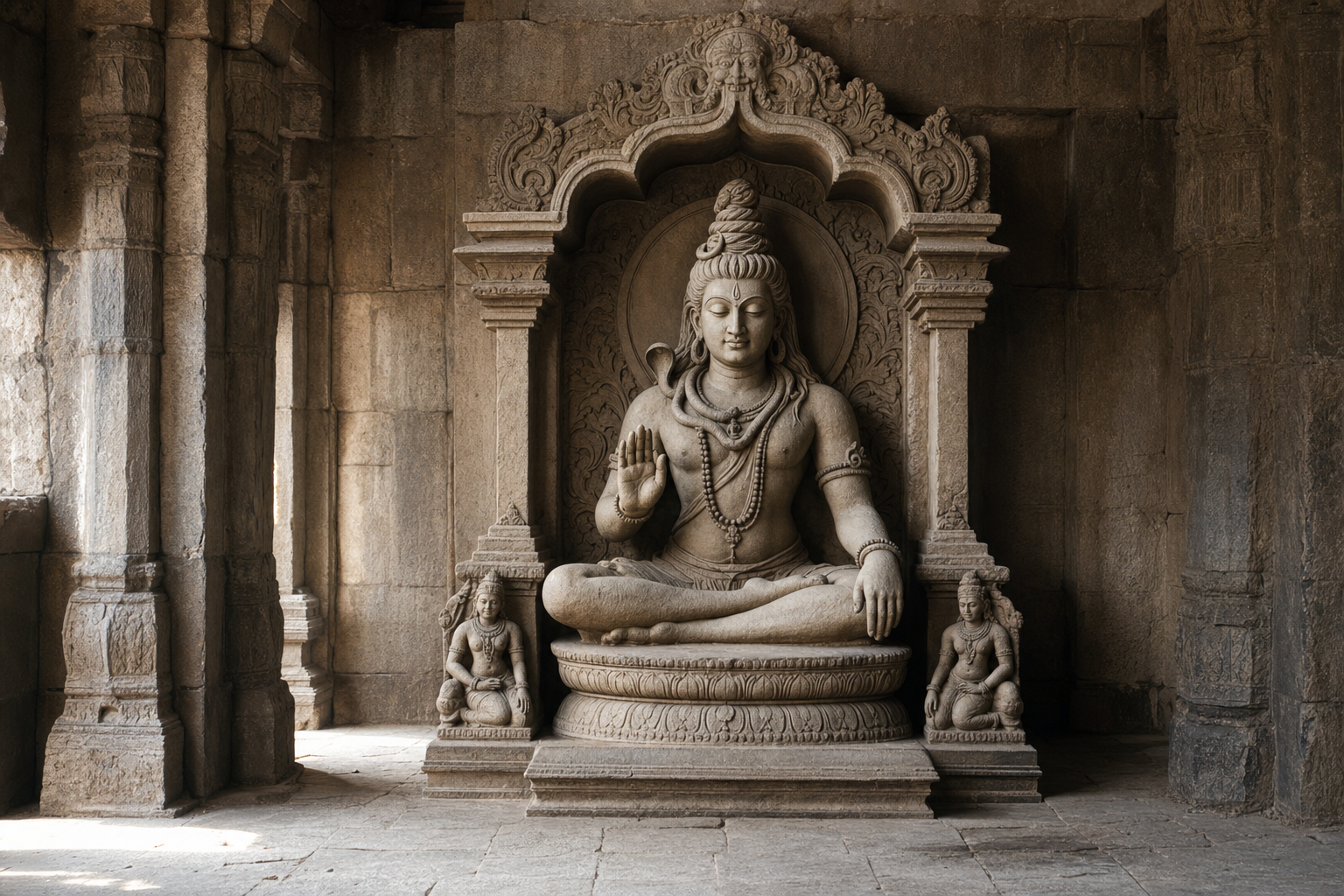 A complete stone sculpture of seated Shiva appears within a carved temple niche, with a calm gaze, meditative posture, raised palm and small attendants.