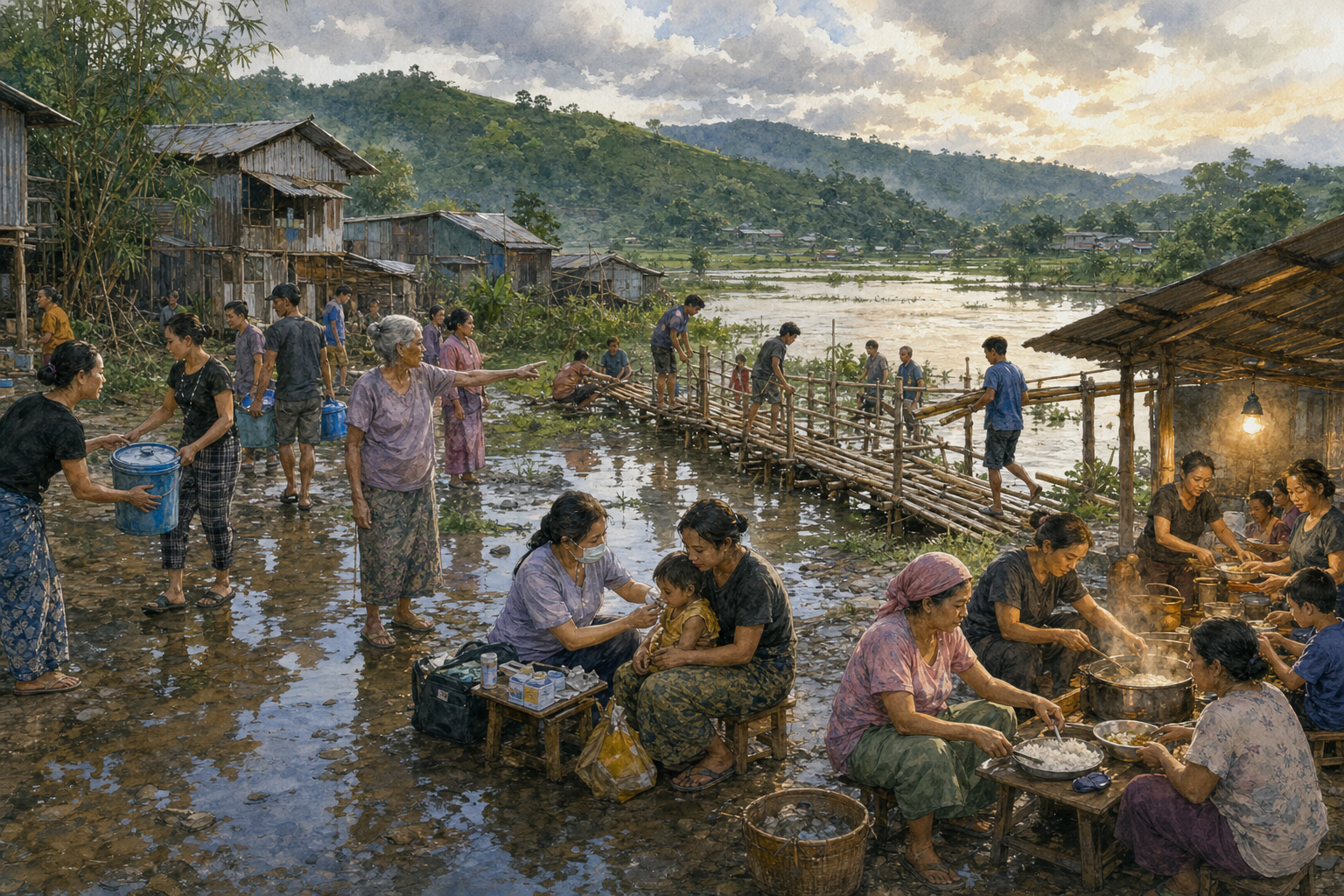 Residents of a flood-affected Manipuri neighborhood direct and share work repairing a footbridge, distributing water, providing care, and cooking meals.