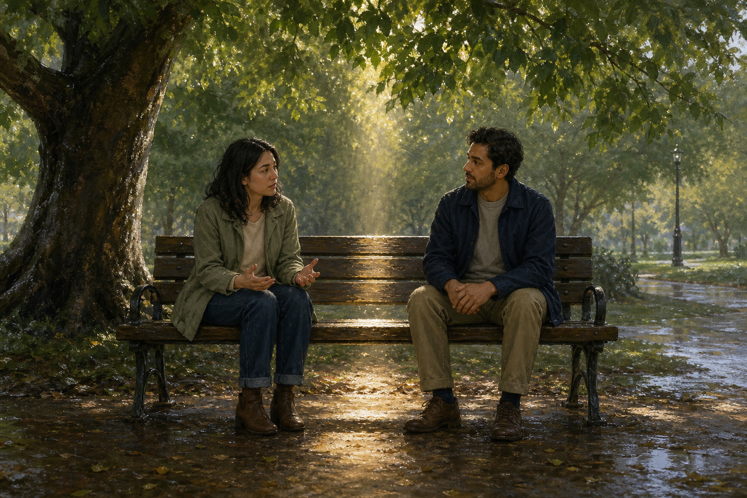 Two adults sit on a park bench, one speaking sadly and the other listening while both maintain their own space.