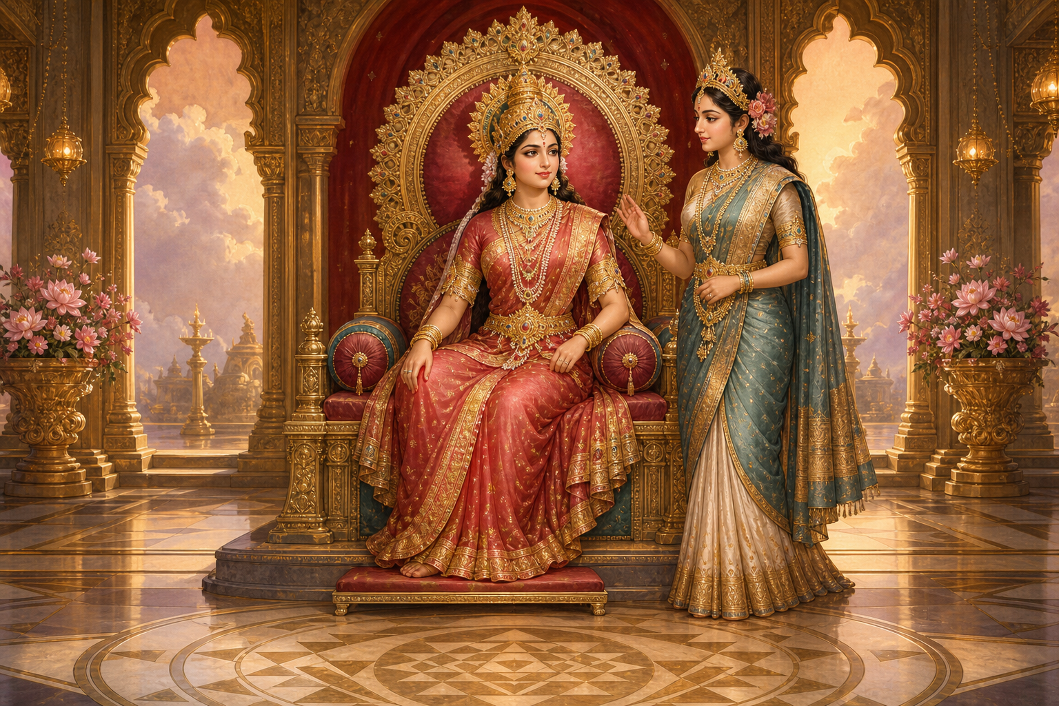 Goddess Lalita Parameshwari enthroned beside her chief counsellor Mantrini in a golden celestial court