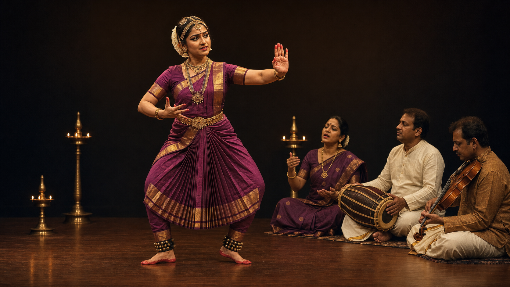 An Indian classical performer coordinates hand gesture, posture and facial expression while a vocalist and instrumentalists accompany the performance.