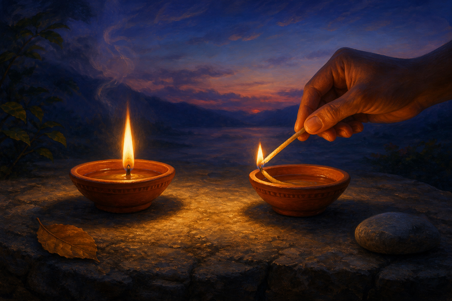 A hand lights one clay oil lamp from another while both flames continue burning on a stone surface at twilight.