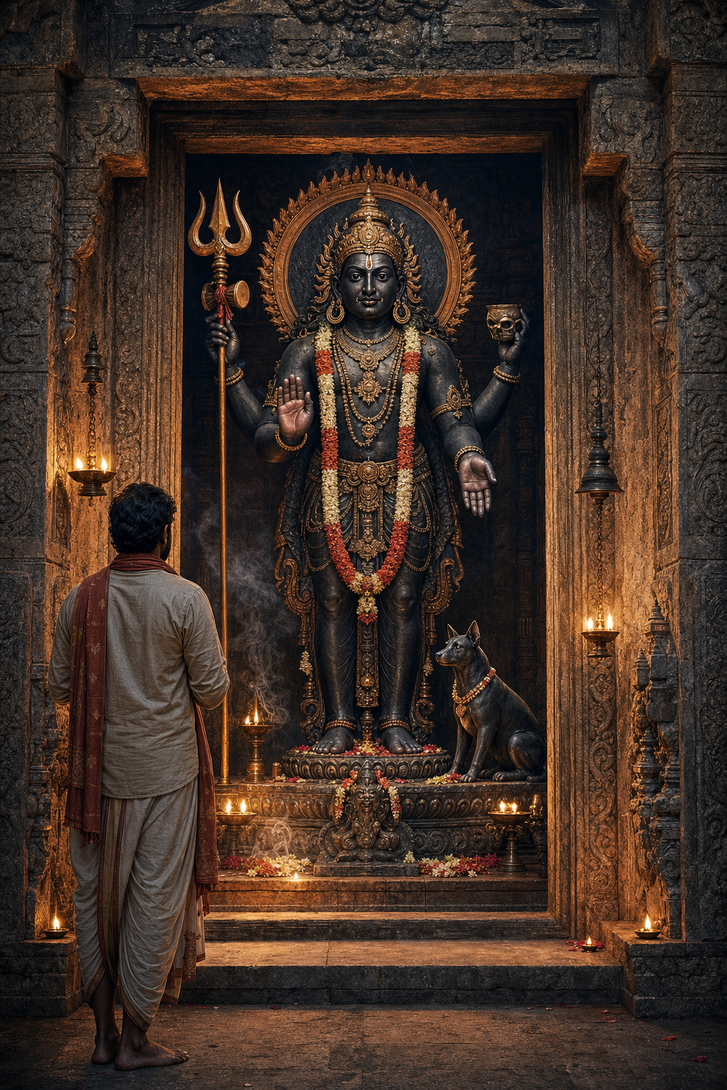 A devotee observes a Bhairava shrine with a multi-armed guardian deity, trident, drum, skull-cup, protective gestures, ornaments, and a dog beside the pedestal.
