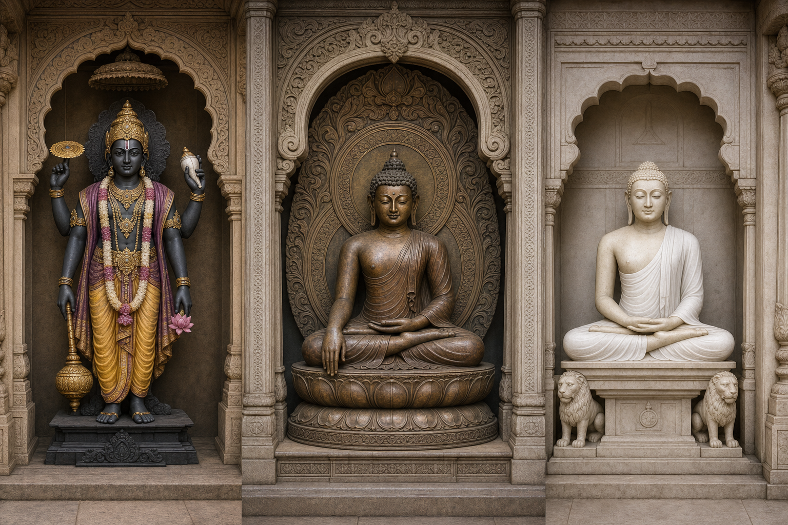 Three separate bays show a standing Vishnu image, a seated Buddha shrine and a meditating Jain Tirthankara with distinct gestures, ornaments and settings.