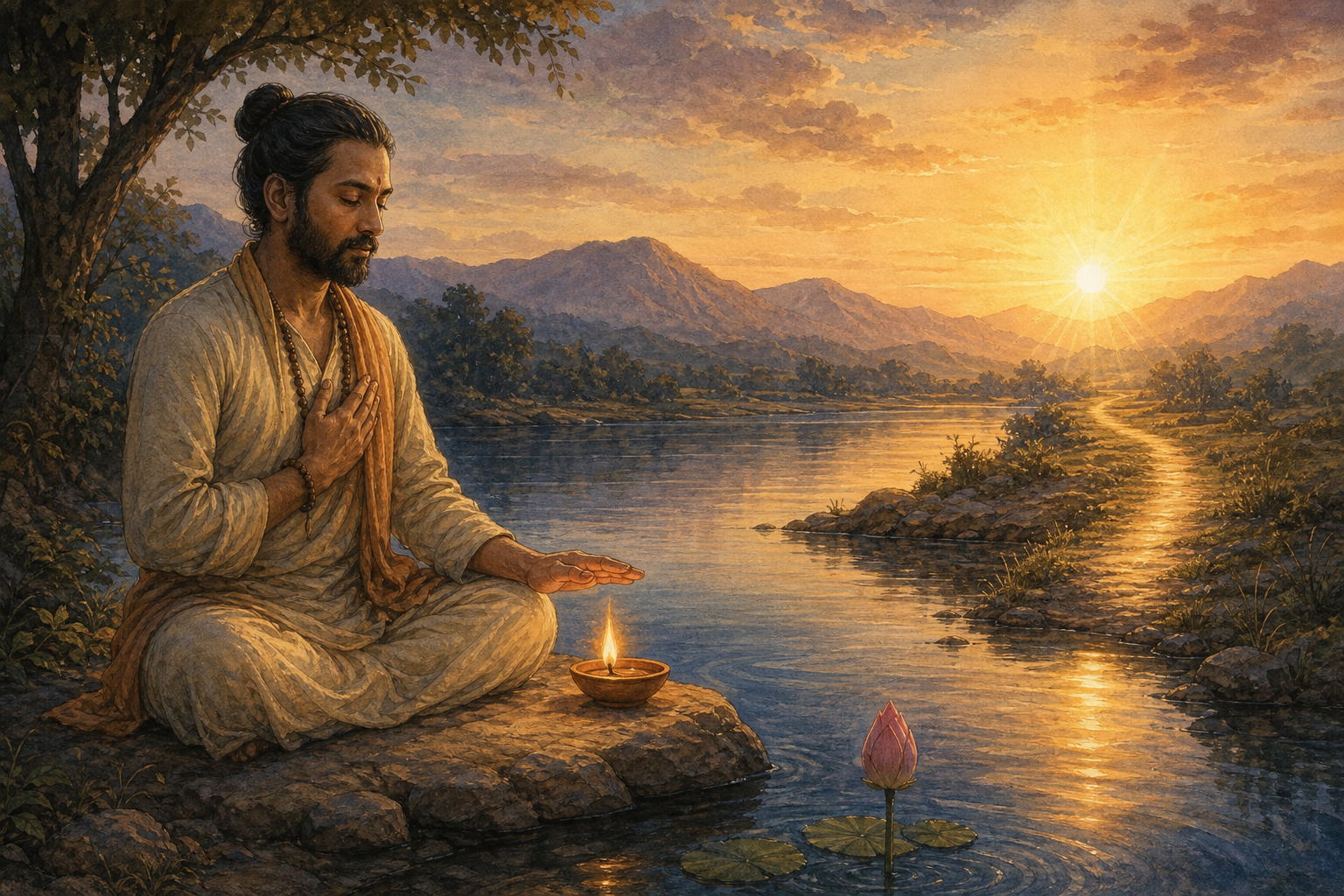 A practitioner meditates beside a river at dawn with a clay lamp, a lotus bud, and a sunlit path leading toward distant hills.