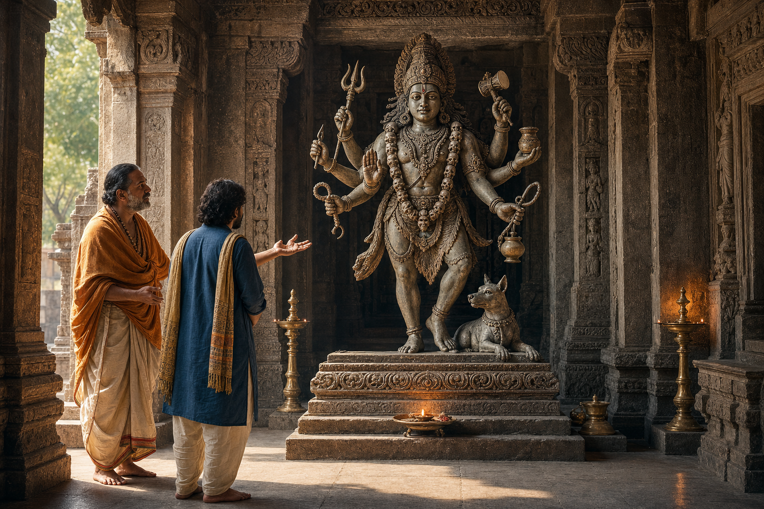 A temple guide and visitor study the face, arms, gestures, objects, ornaments, dog, and pedestal of a Bhairava carving as one complete form.