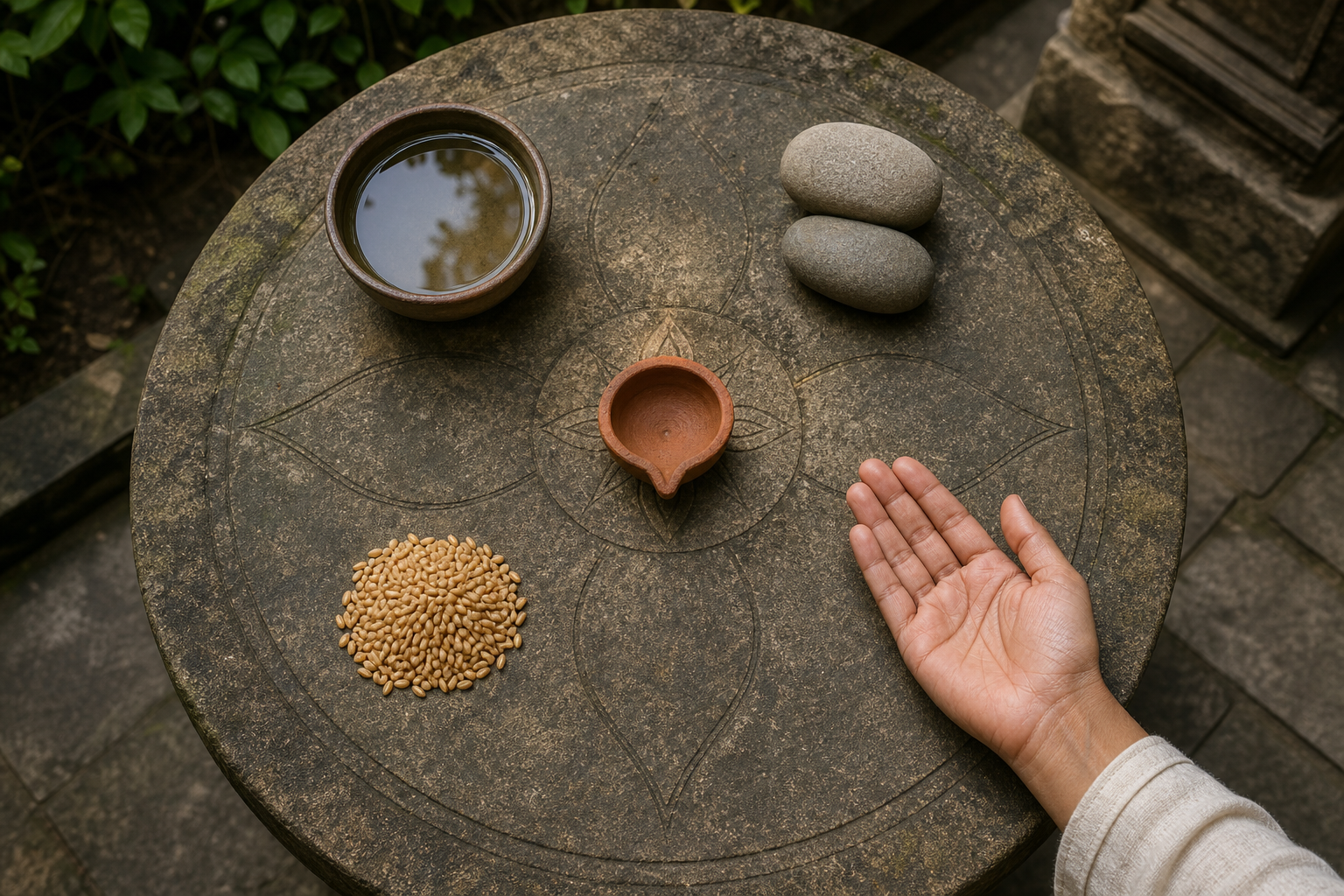 A clay lamp is surrounded by water, balanced stones, grain, and an open hand on a circular stone surface.