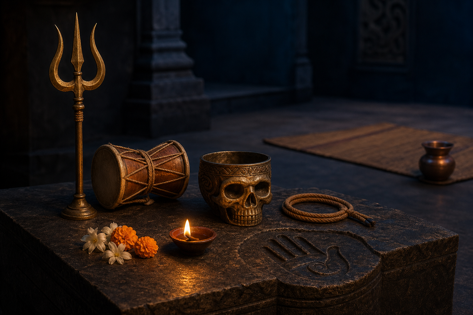 A trident, hourglass drum, ritual skull-cup, cord, lamp, flowers, and meditation mat are arranged neatly on a stone shrine platform.
