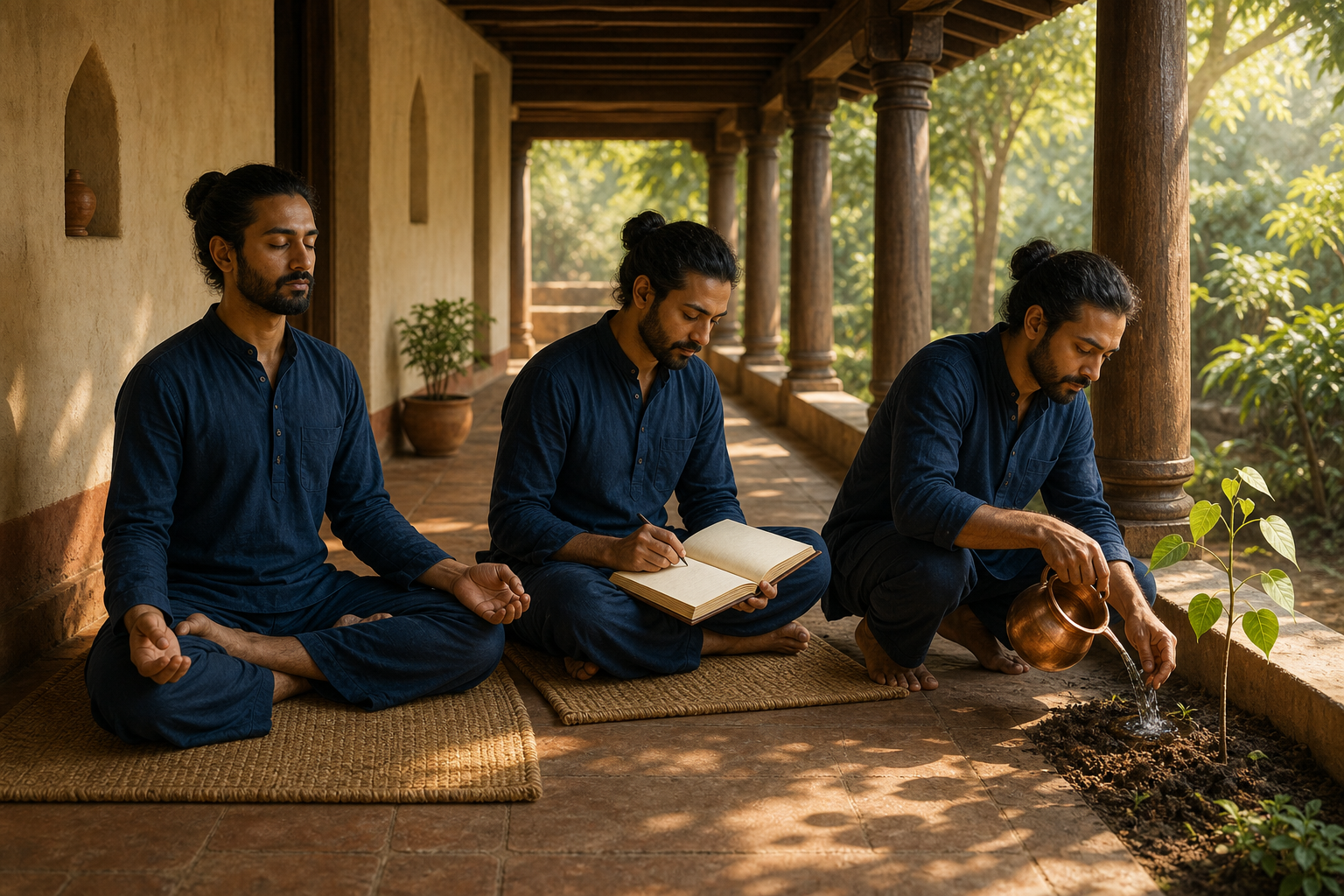 A practitioner meditates, reflects with a blank journal, and waters a young sapling along a sunlit veranda.