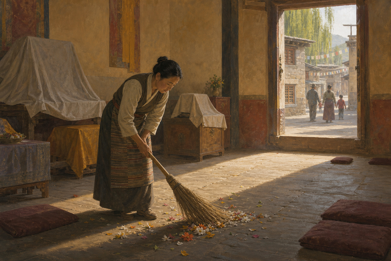 A practitioner quietly sweeps flower petals in an empty meditation hall as an open doorway looks onto village life.