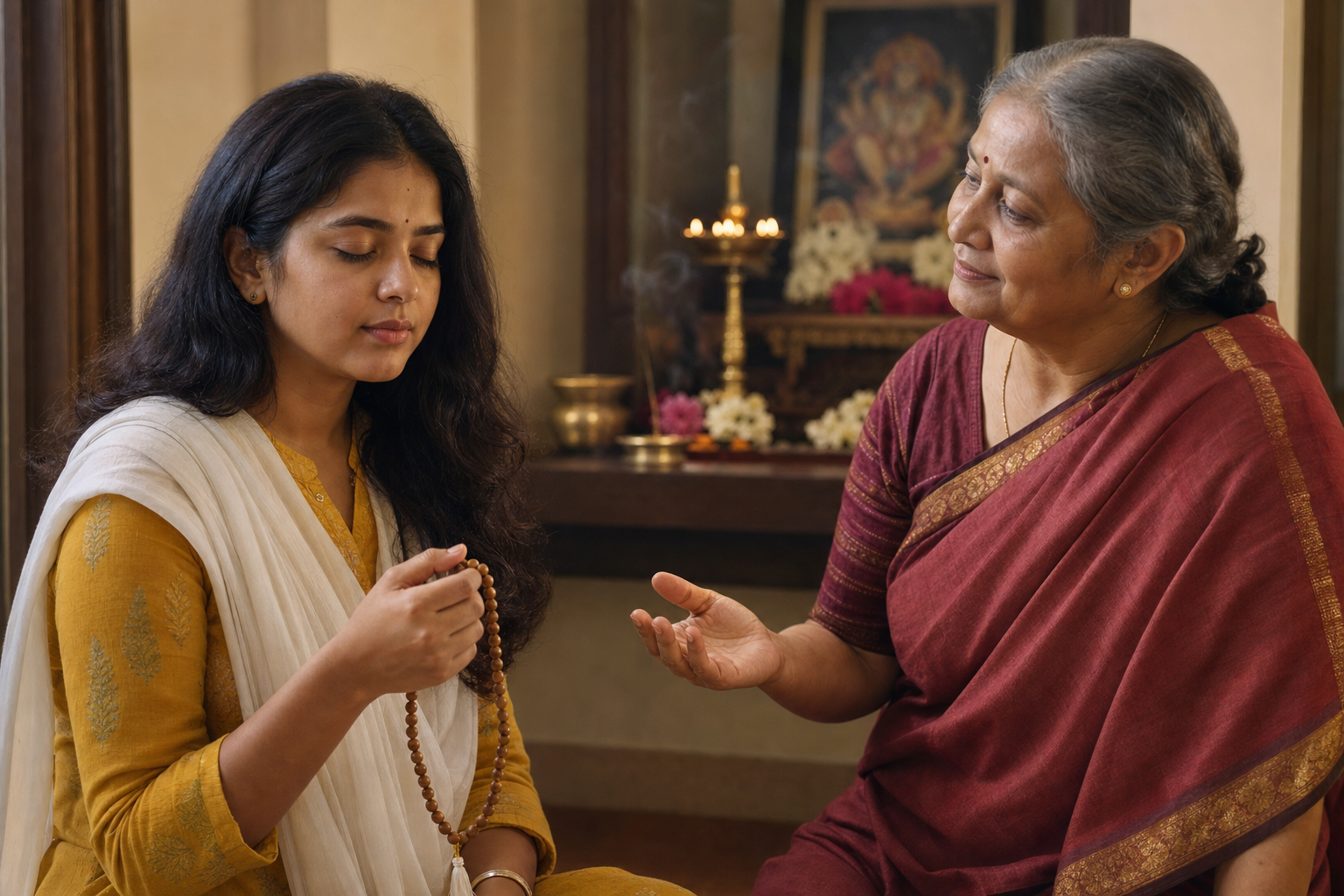 Young woman chants with tulsi prayer beads beside an older Hindu teacher in a home prayer room.