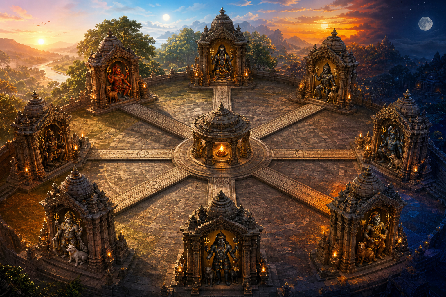 Eight Bhairava guardian shrines encircle a flame-lit central sanctum, with stone paths extending through a symmetrical temple courtyard.