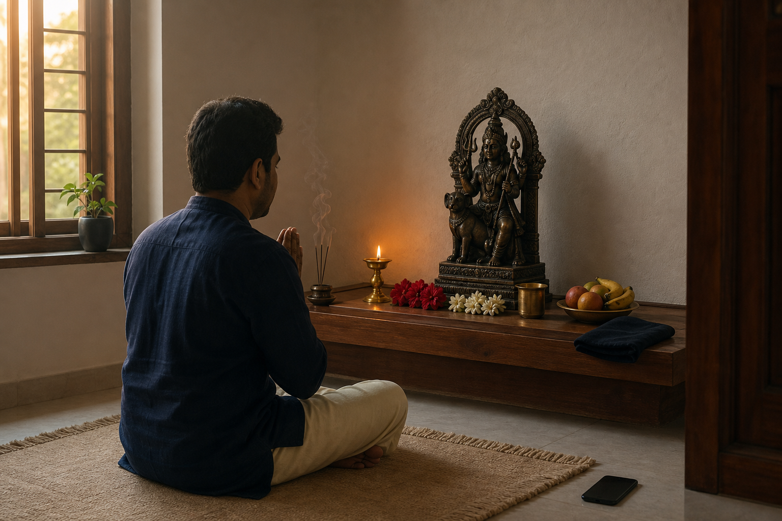 A devotee sits with joined hands before a small home Bhairava shrine arranged with a lamp, water, flowers, fruit, incense, and a raised sacred image.