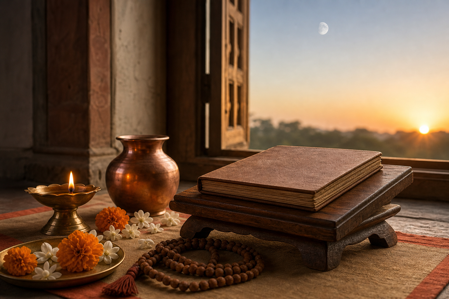 Brass oil lamp, copper vessel, flowers, prayer beads, and a closed traditional manuscript in a sunlit home prayer alcove.