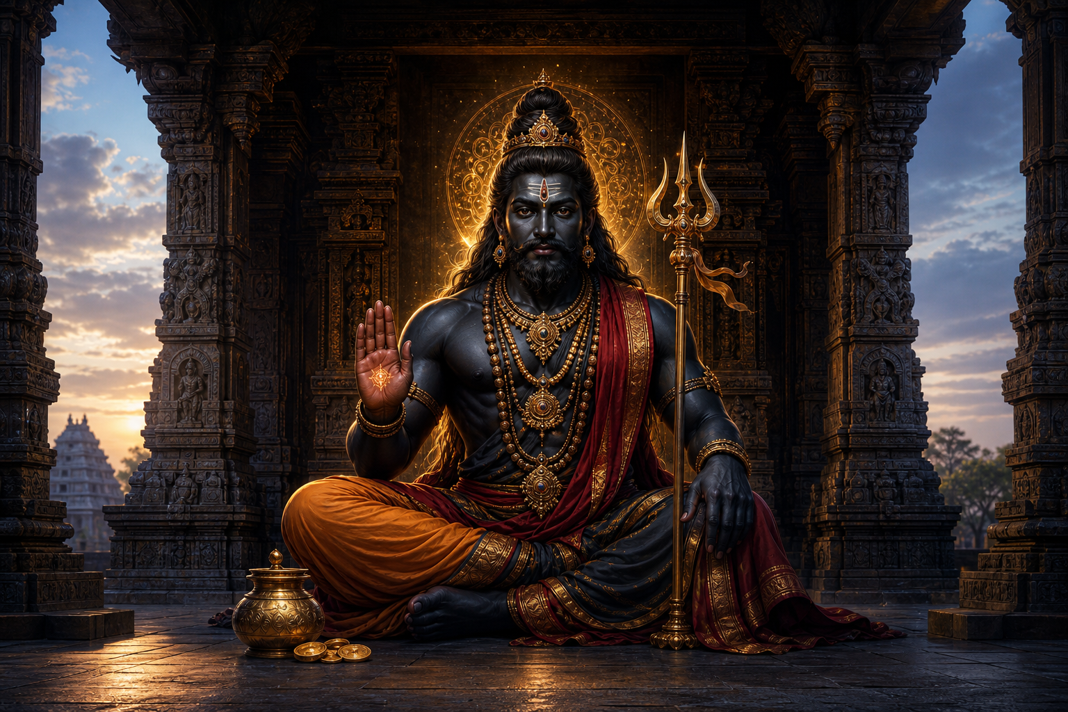 A golden-radiant form of Bhairava sits as a guardian at a carved stone temple entrance beside a small vessel and a few coins.