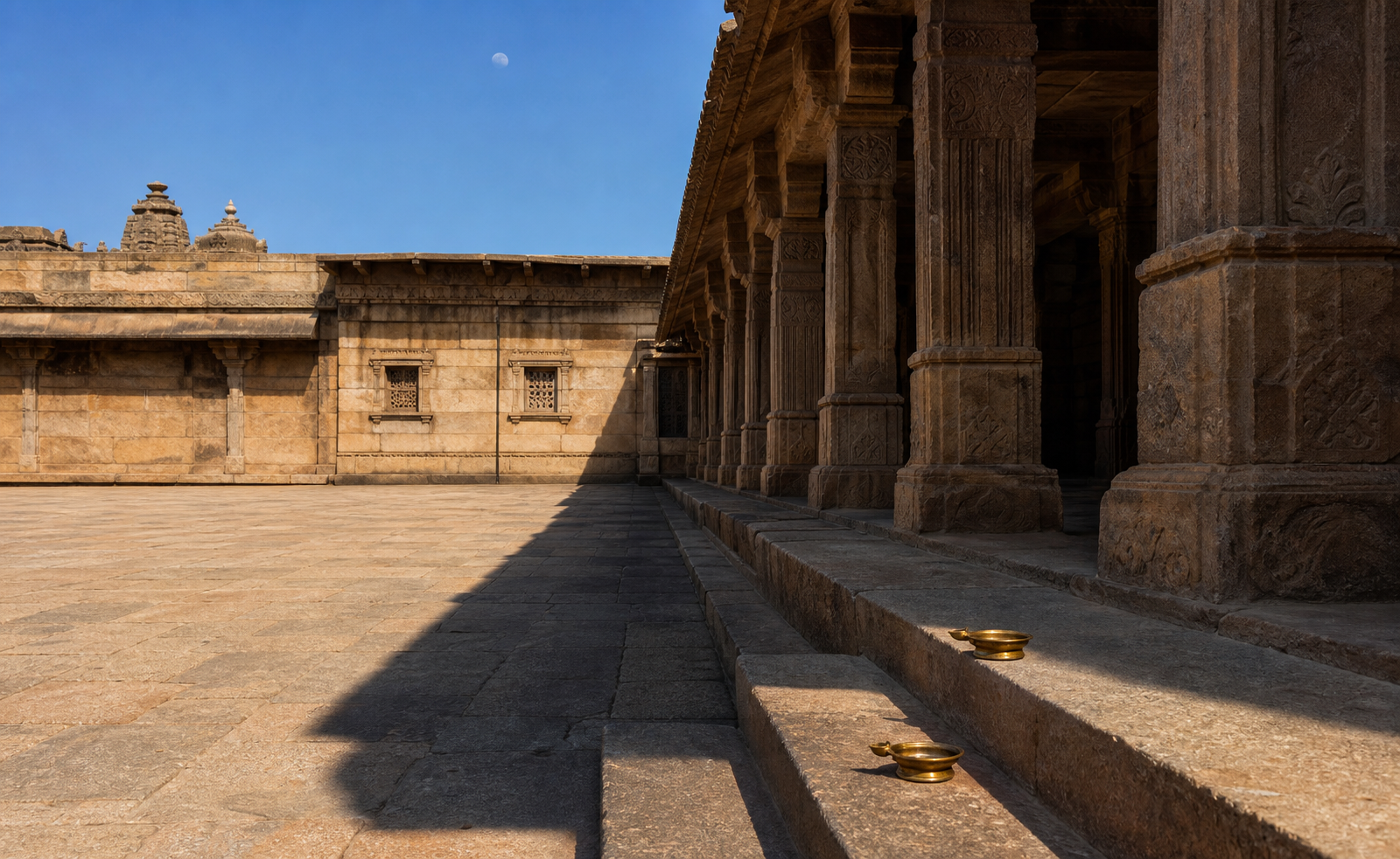 A sunlit temple courtyard with an advancing afternoon shadow and two brass lamps on adjacent stone steps.