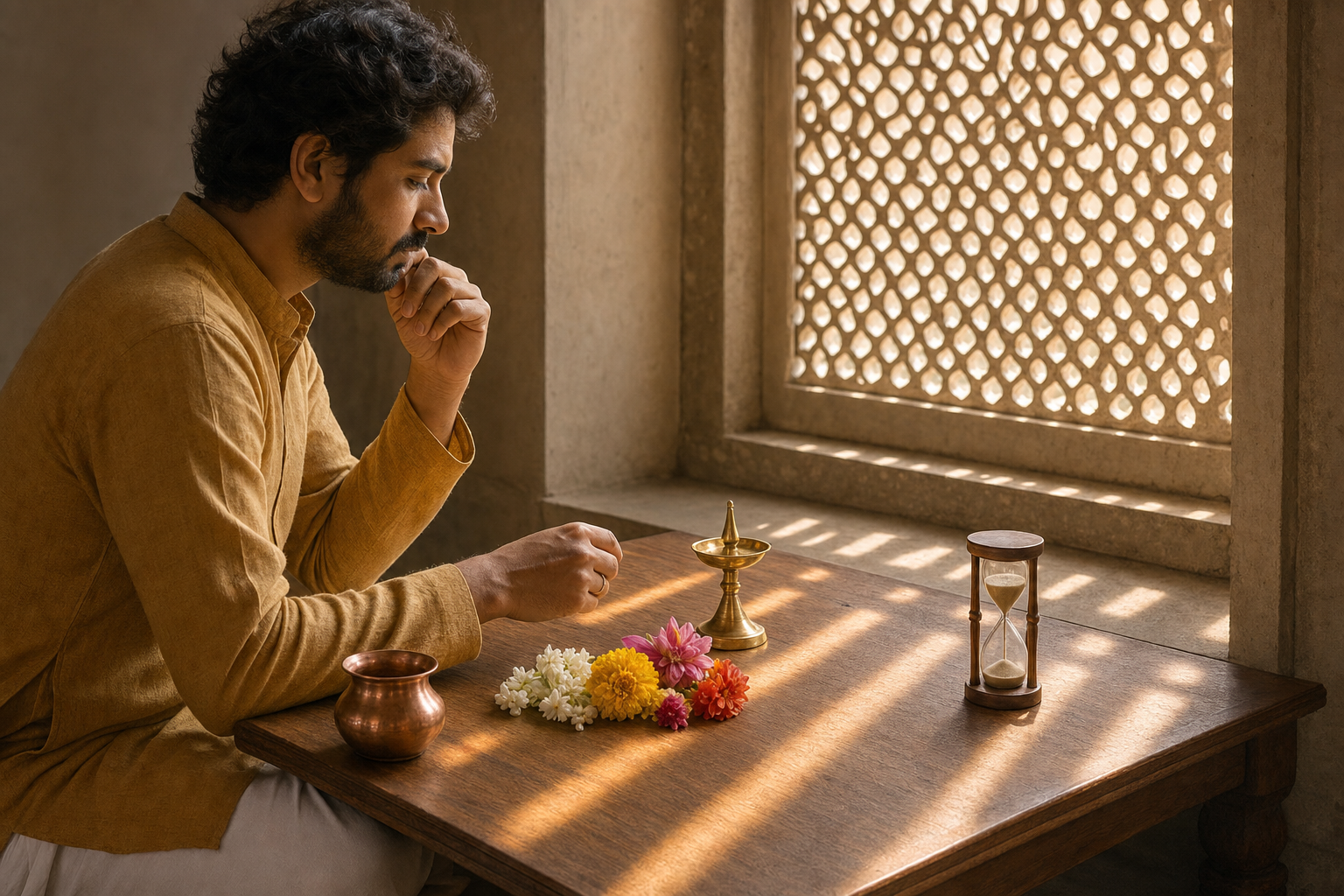 A devotee thoughtfully arranges puja items beside a sand timer as bands of sunlight cross a low table.