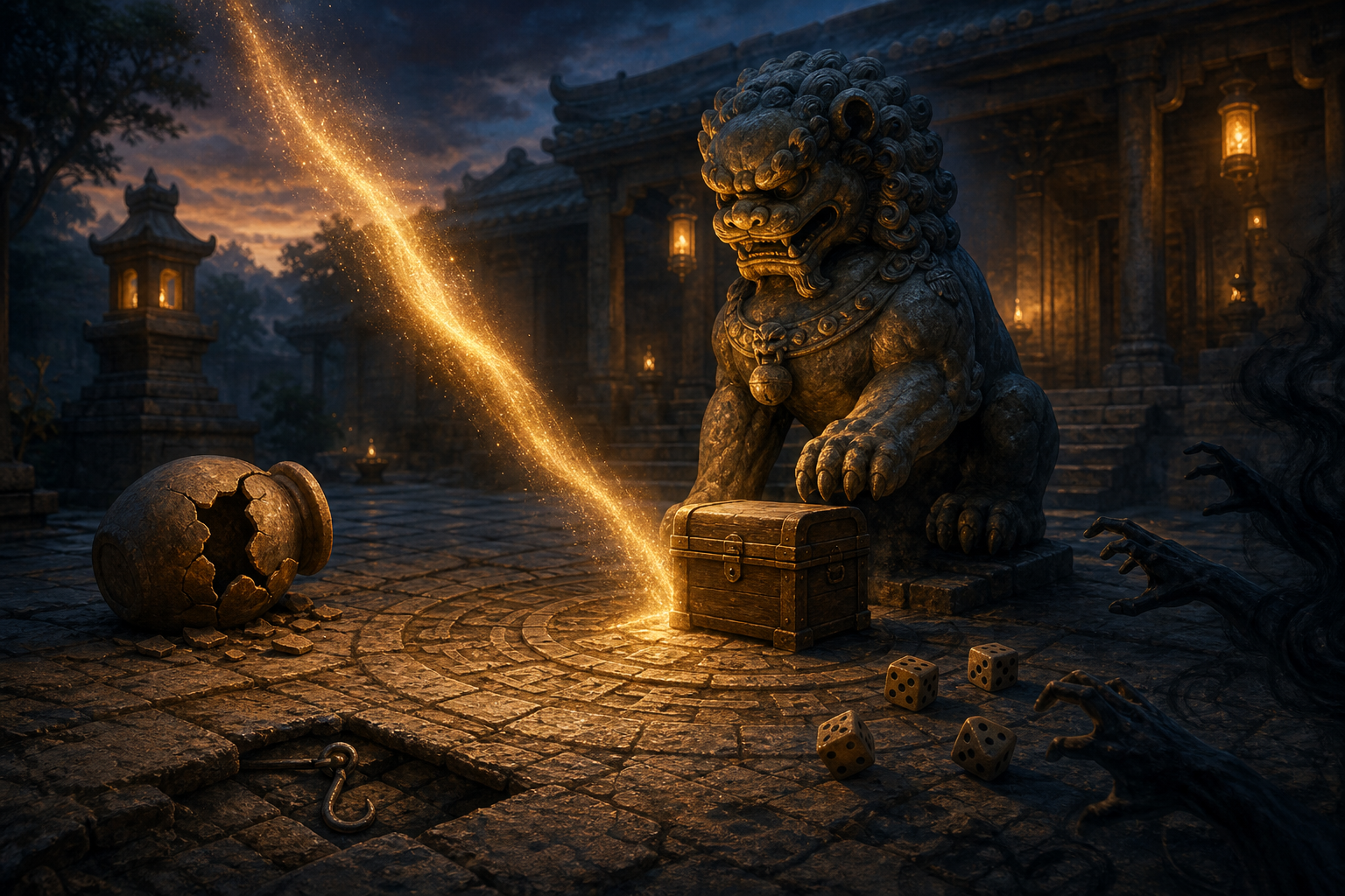 Golden light flows toward a small protected chest while a guardian figure stands between it and symbols of waste, deception, gambling, and greed.