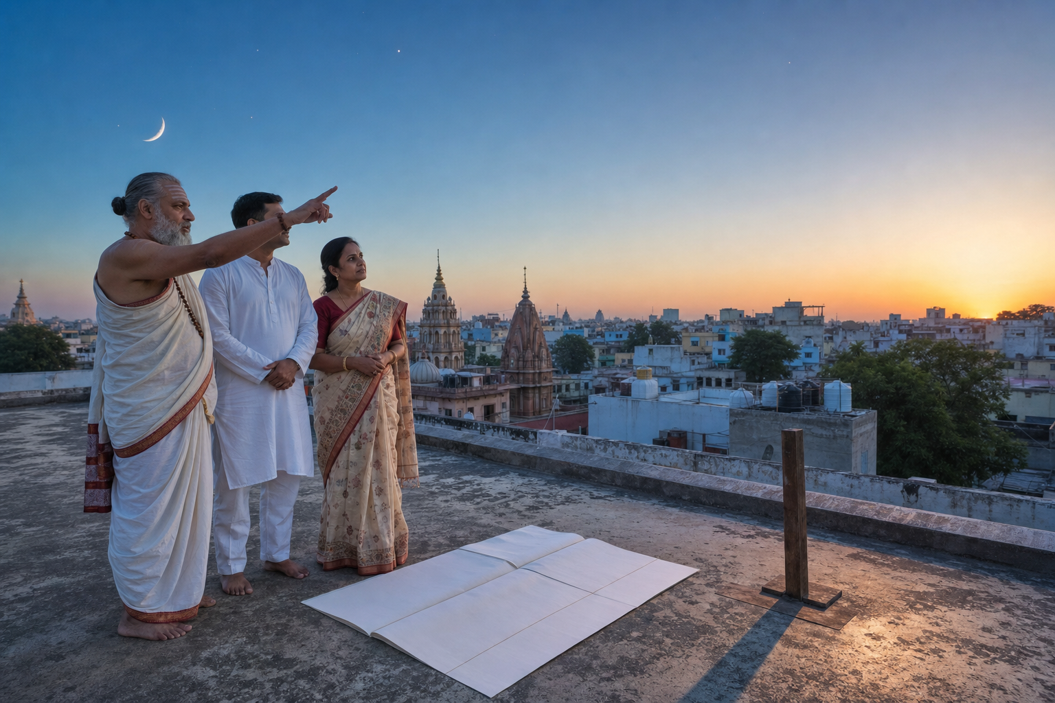 A priest and a couple observe the dawn sky beside a blank almanac sheet and a wooden shadow marker on a city rooftop.