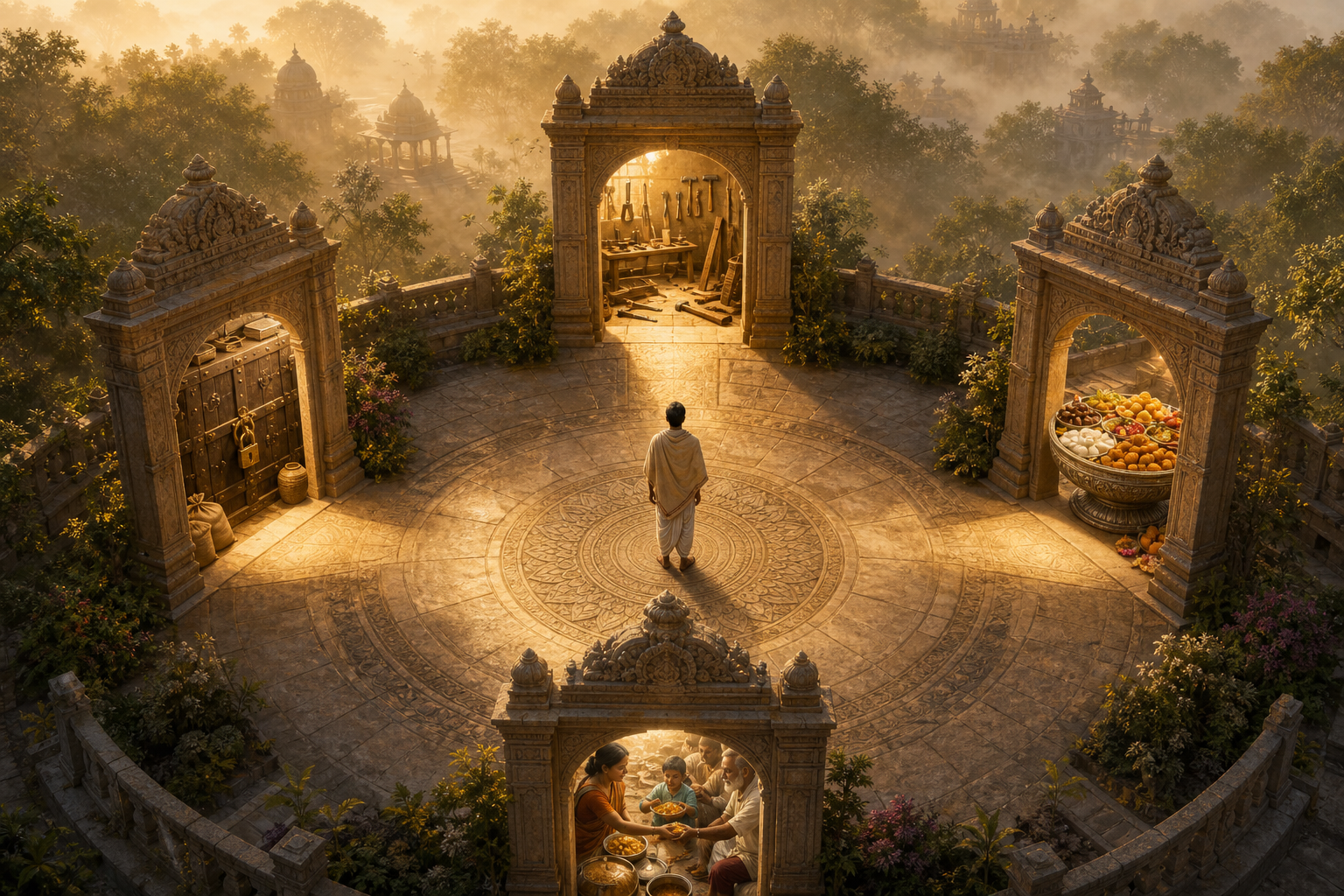 A person stands in a circular courtyard with four gateways showing artisan tools, a protected granary, an untouched full bowl, and hands sharing food.