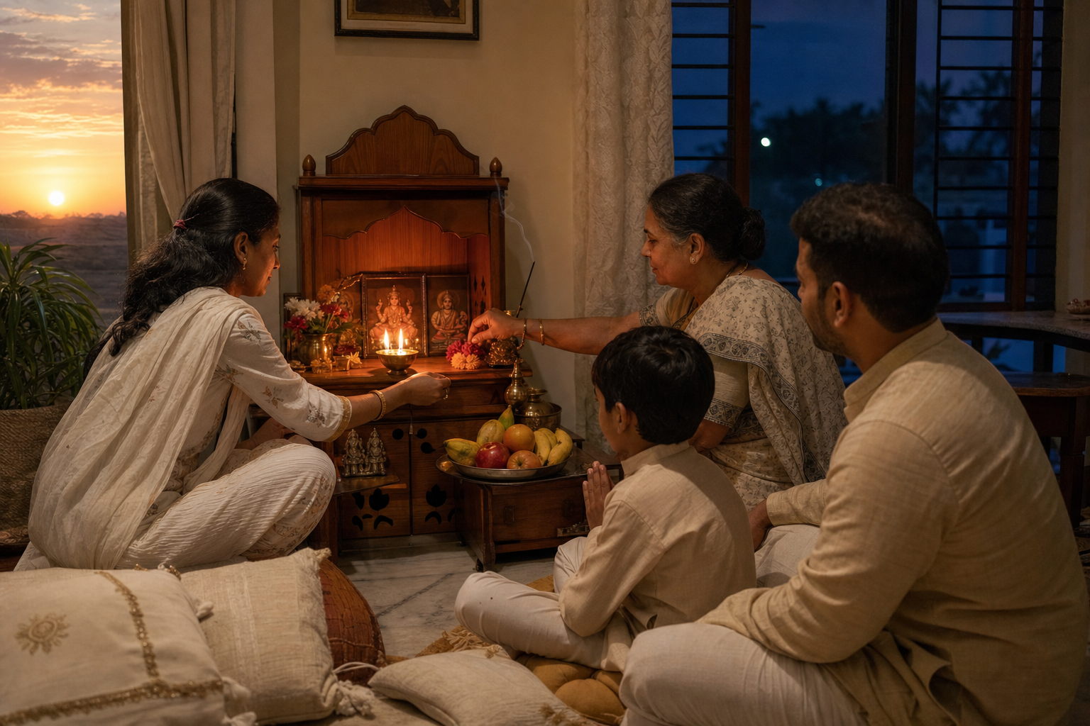 A multigenerational family gathers for a simple sunset prayer around a glowing brass oil lamp and fresh flowers.