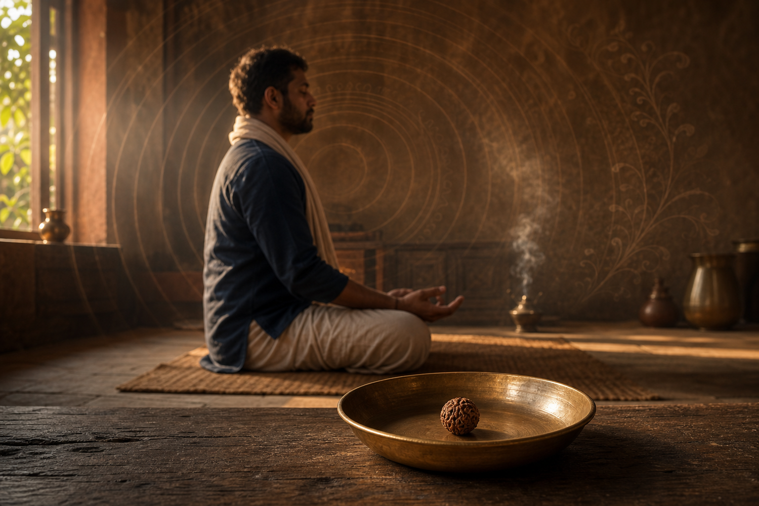 A Hindu practitioner meditates in a warm prayer room behind a bronze dish holding a single natural seed.