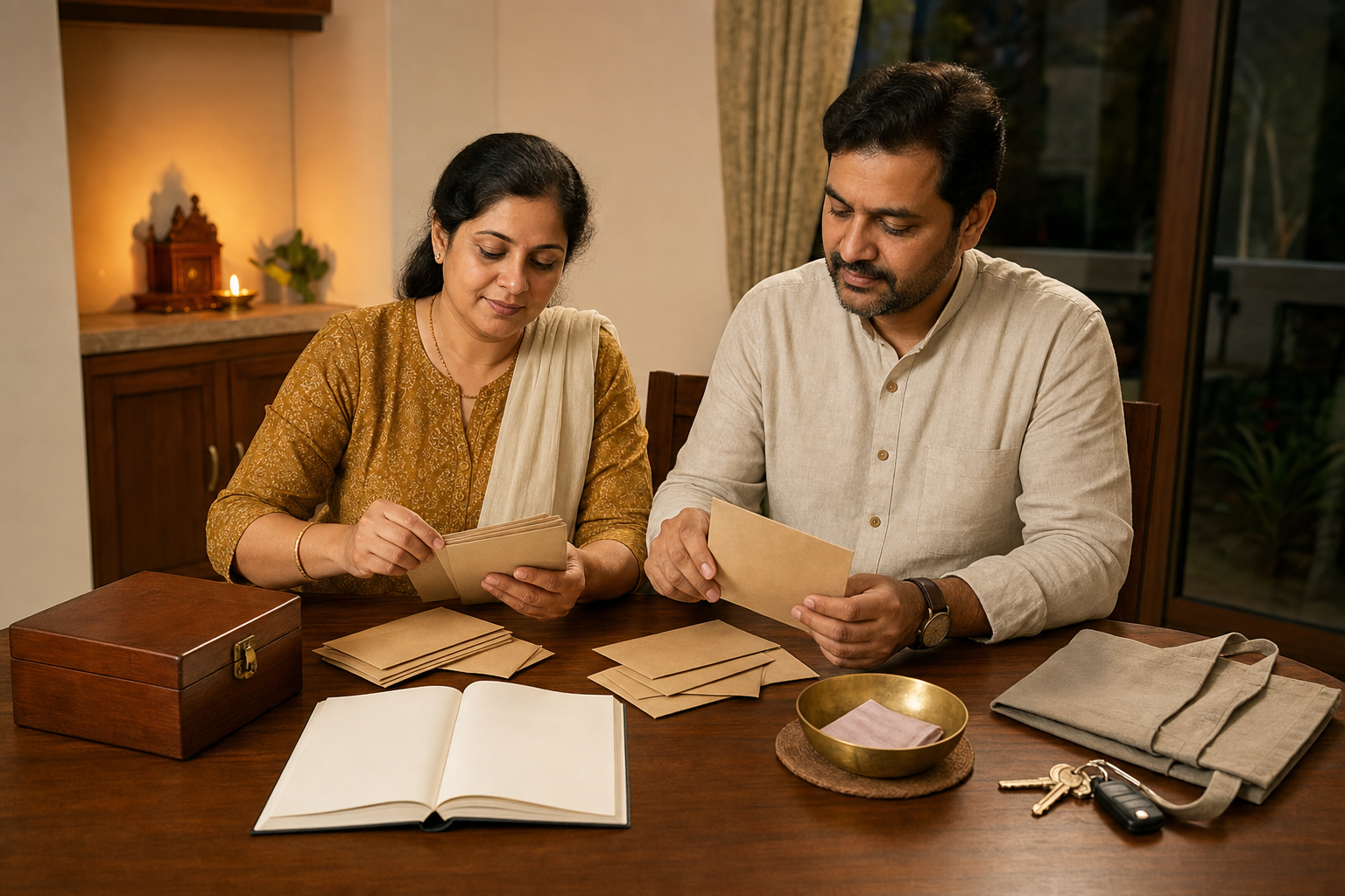 Two adults organize household finances at a table with blank envelopes, a savings box, a ledger, and a bowl reserved for giving.