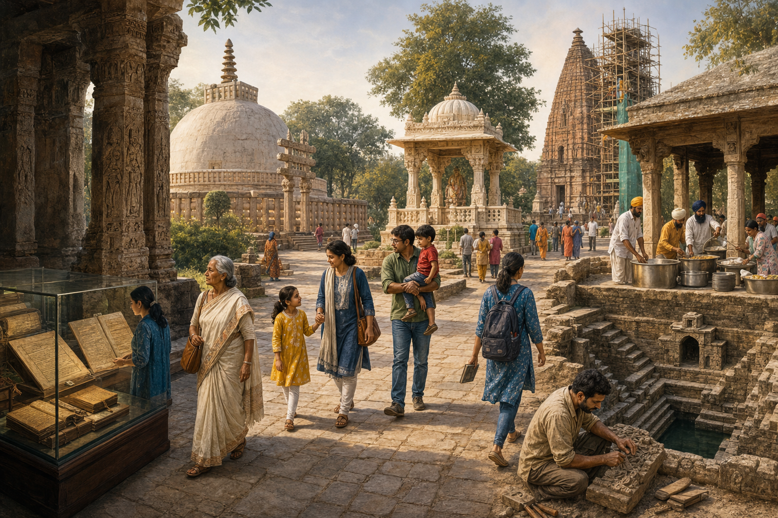 Contemporary visitors move through a layered Indian cultural landscape containing historic sacred architecture, preserved manuscripts, conservation work, ritual activity, and community service.