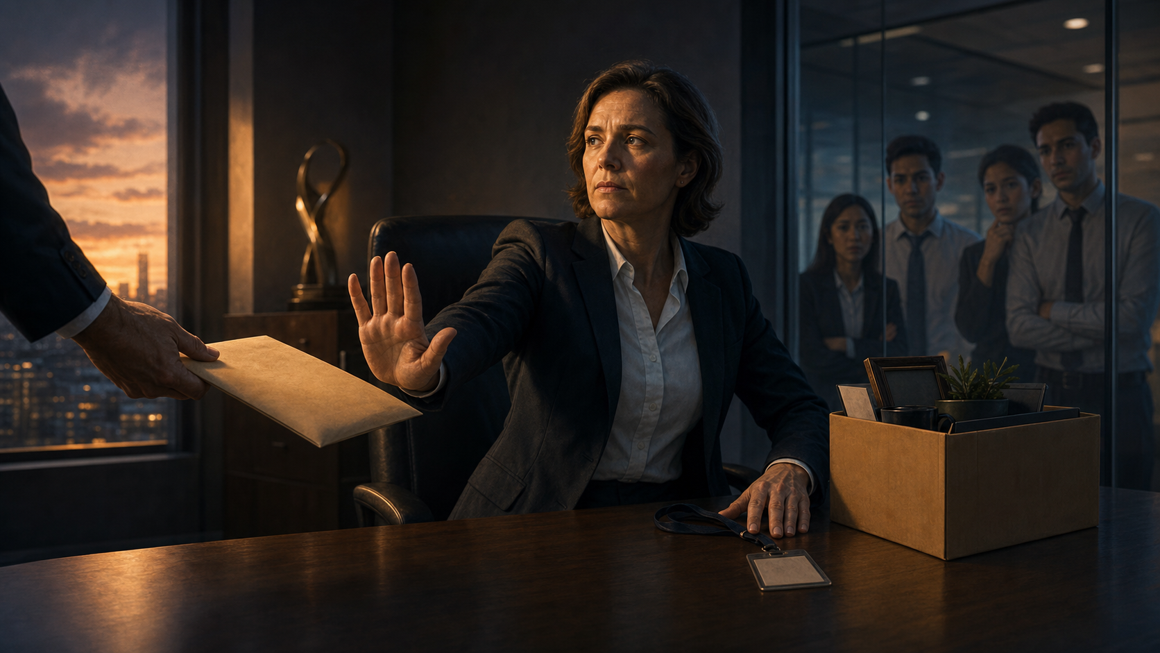 A professional in a dusk-lit office rejects an unmarked envelope while placing an access badge beside a packed box as junior workers wait outside.