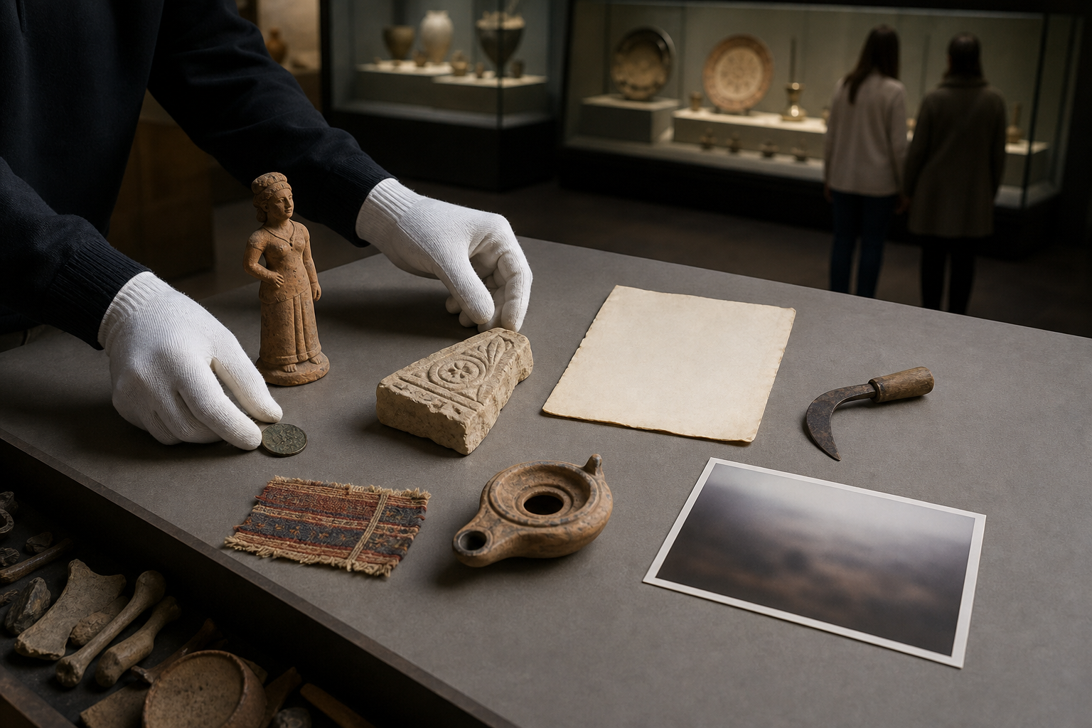 A curator arranges coins, carvings, tools, textiles, a lamp, and other objects on a museum table while additional artifacts remain in shadow.