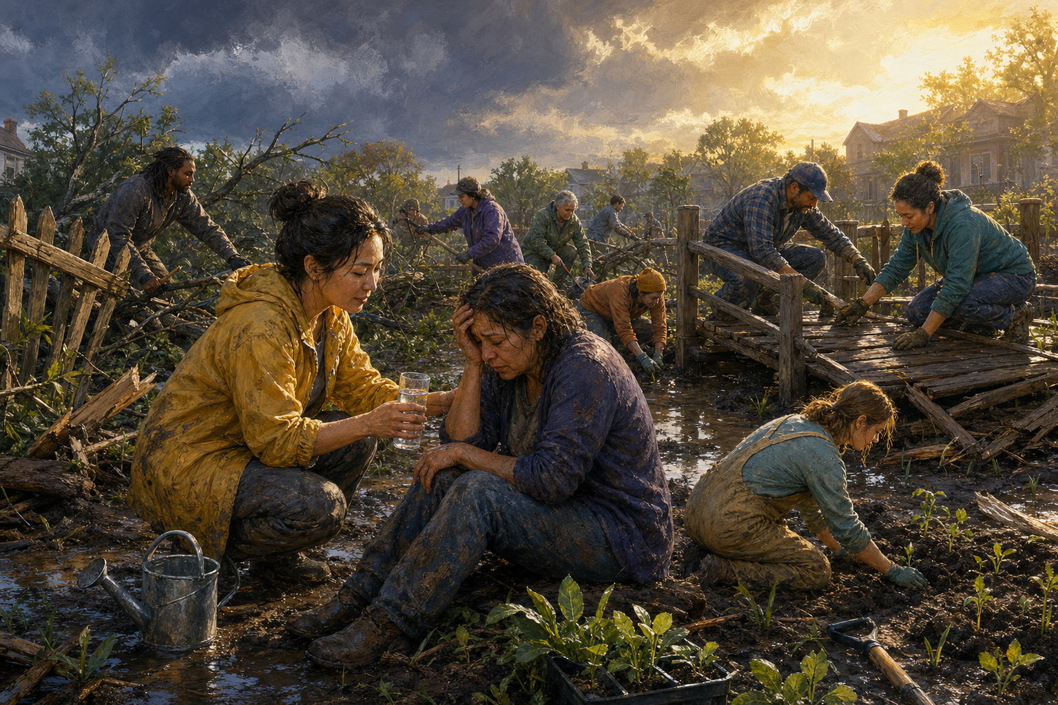 Neighbors comfort one another, clear storm debris, repair a footbridge, and plant seedlings in a damaged community garden.