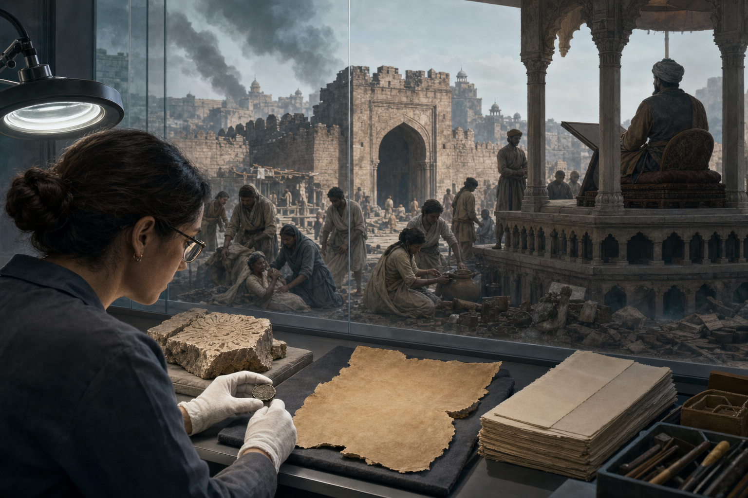A historian compares artifacts and archival materials while a background reconstruction contrasts a court chronicler with civilians recovering after an attack on a fortified city.