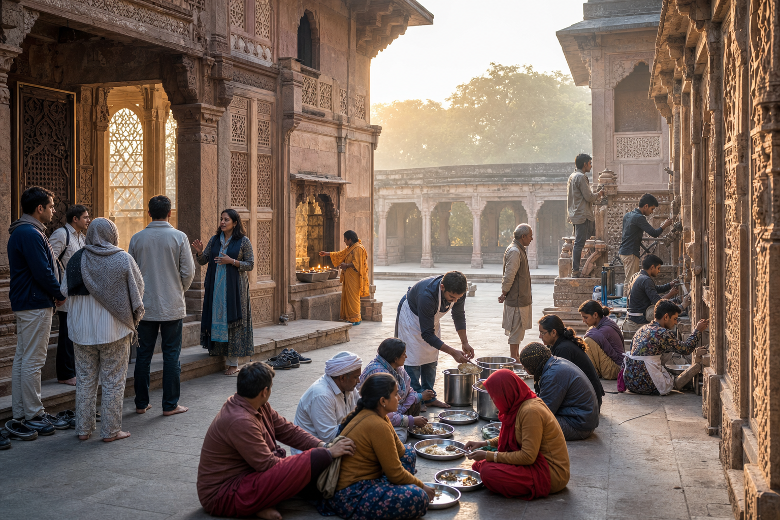 Local conservators, worshippers, community-meal volunteers, and a visiting delegation share the courtyard of a restored heritage complex at sunrise.